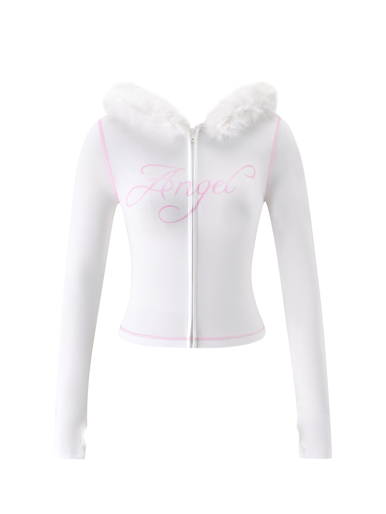 The I.AM.GIA BLARE FUR TRIM HOODIE - WHITE is a stylish zip-up hoodie featuring long sleeves, a fluffy white fur trim on the hood, and “Angel” written in pink cursive on the front. Its fitted, cropped design creates a trendy look that stands out.