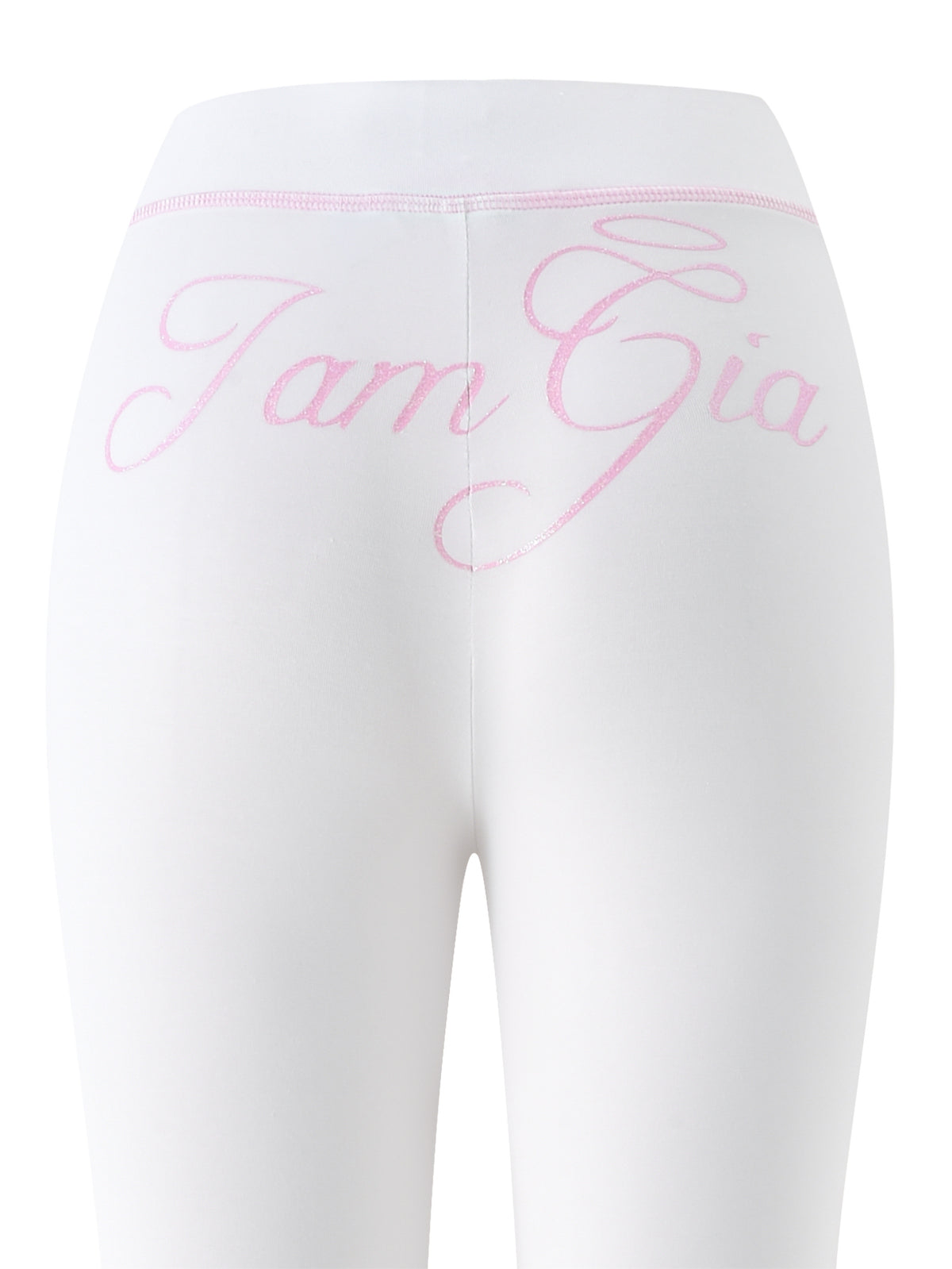 Introducing the I.AM.GIA BLARE TRACKPANT - WHITE : ANGEL, featuring bold pink “IamGia” cursive lettering across the back waistband. Inspired by the iconic ANGEL vibe, these low-rise flared pants put a fresh spin on classic bamboo trackpant style, combining ultimate comfort with striking statement appeal.