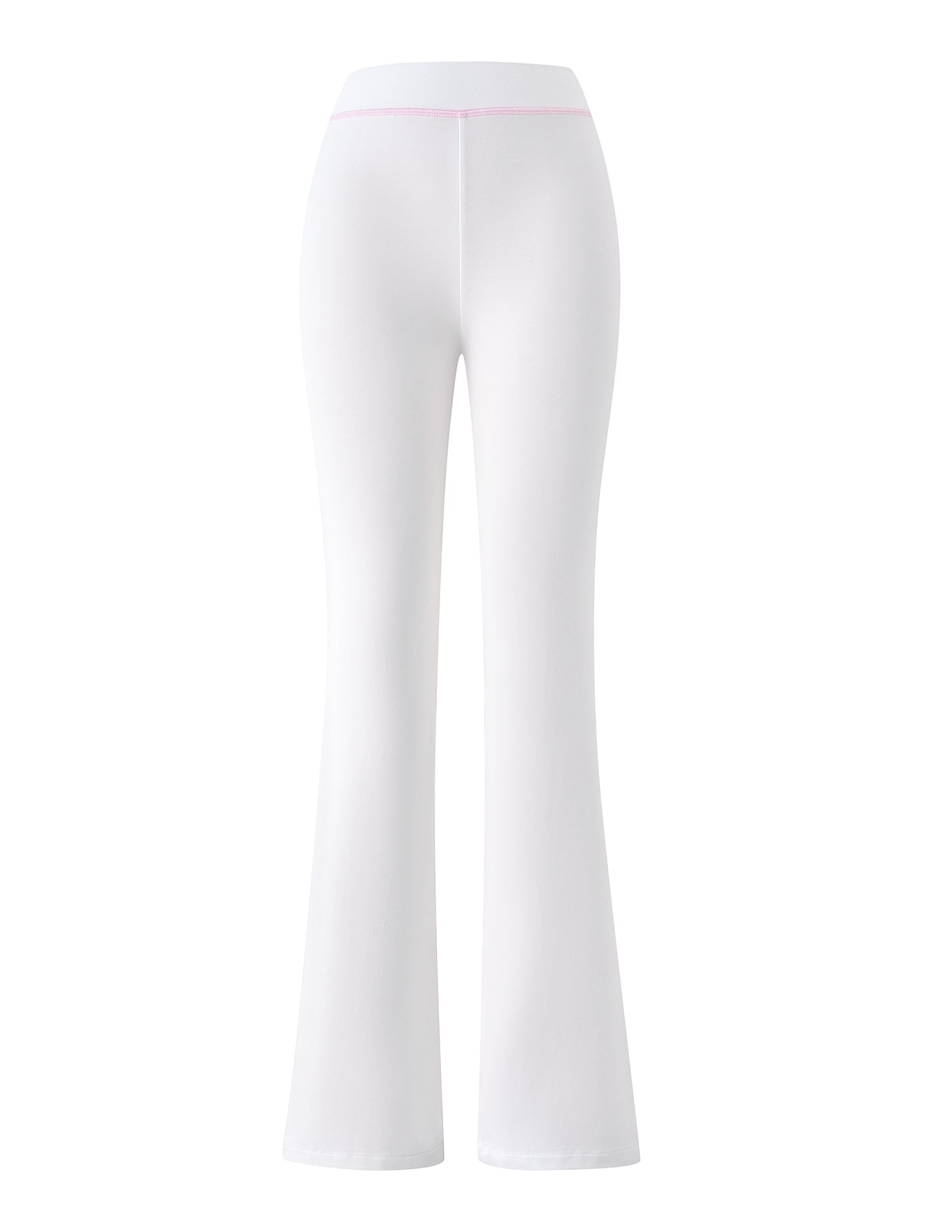 Back view of the I.AM.GIA BLARE TRACKPANT - WHITE : ANGEL, featuring a high-waisted, flared silhouette with a subtle pink waistband, shown on a plain white background.