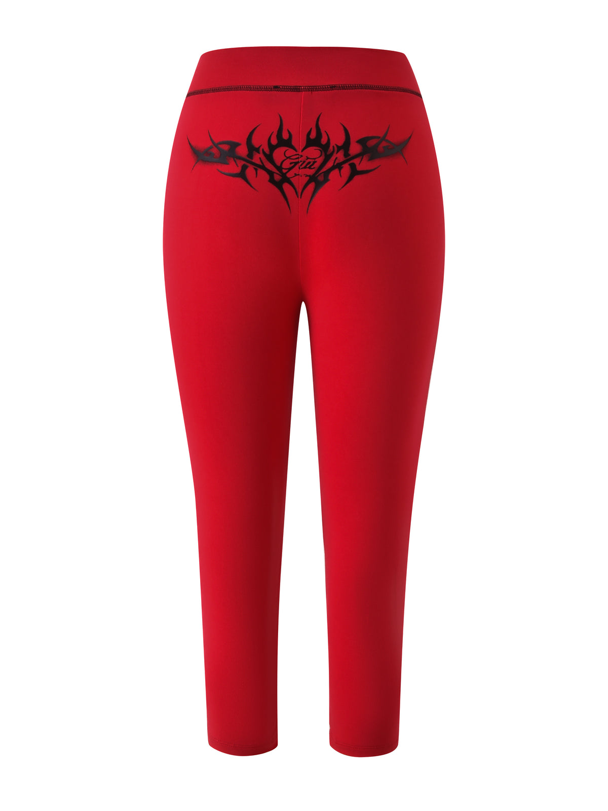 The I.AM.GIA T-REX SPRAY BODY BLARE CAPRI - RED features bamboo fabrication and a bold black tribal graphic logo across the upper back, just below the waistband. Shown from the back on a white background.