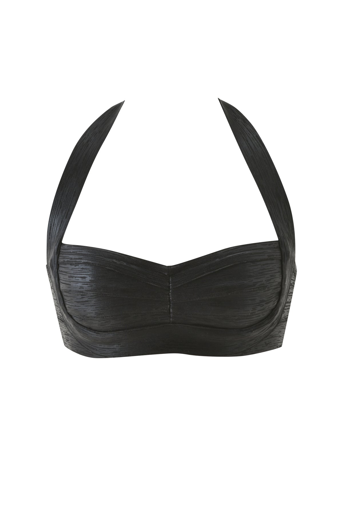 Black EVA PLATINUM BANDAGE BRALETTE TOP in a metallic bandage fabric with a sweetheart halter-neckline.