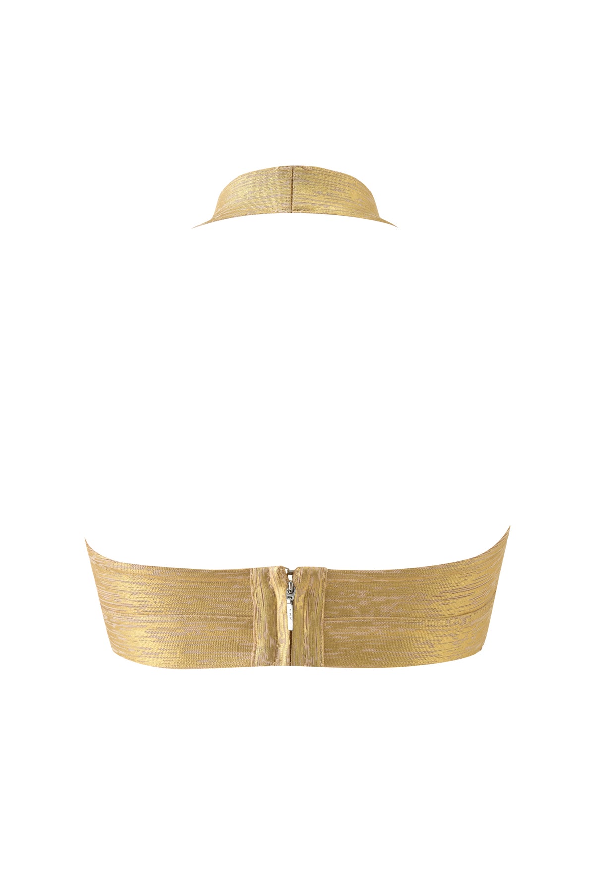 Back view of the EVA PLATINUM BANDAGE BRALETTE TOP - GOLD, a metallic gold bandage bralette with a center back zipper and a matching neck strap.