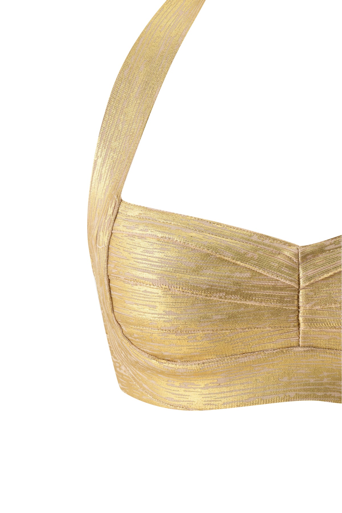 EVA PLATINUM BANDAGE BRALETTE TOP in metallic gold, featuring a halter-style silhouette and a horizontal ribbed bandage texture.