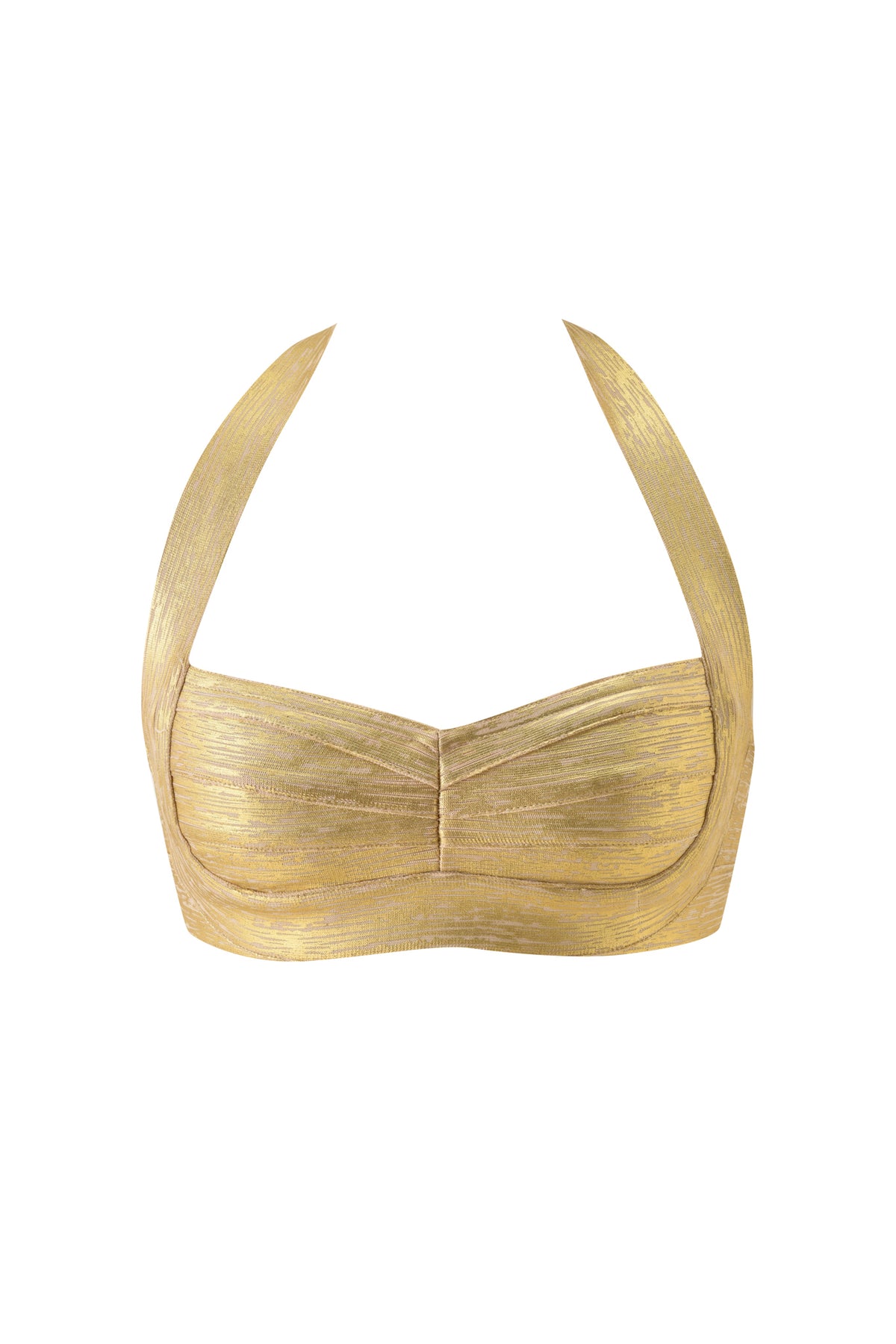 Metallic gold I.AM.GIA EVA PLATINUM BANDAGE BRALETTE TOP with a ruched bodice, wide straps, and a cropped fit.