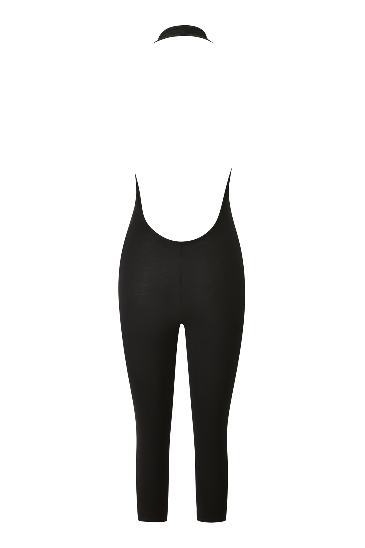 BLARE HALTER CAPRI JUMPSUIT in black, featuring super-soft fabric, a deep open back, and cropped legs.