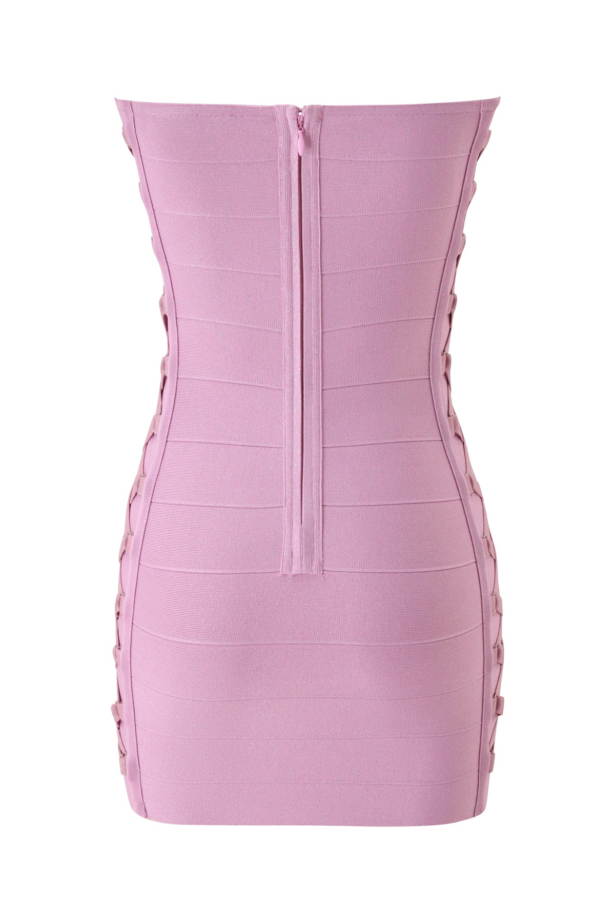 ARIAH SHIMMER BANDAGE TUBE MINI DRESS - PINK SHIMMER strapless mini dress featuring side lace-up details, a center back zipper, and a shimmer finish.