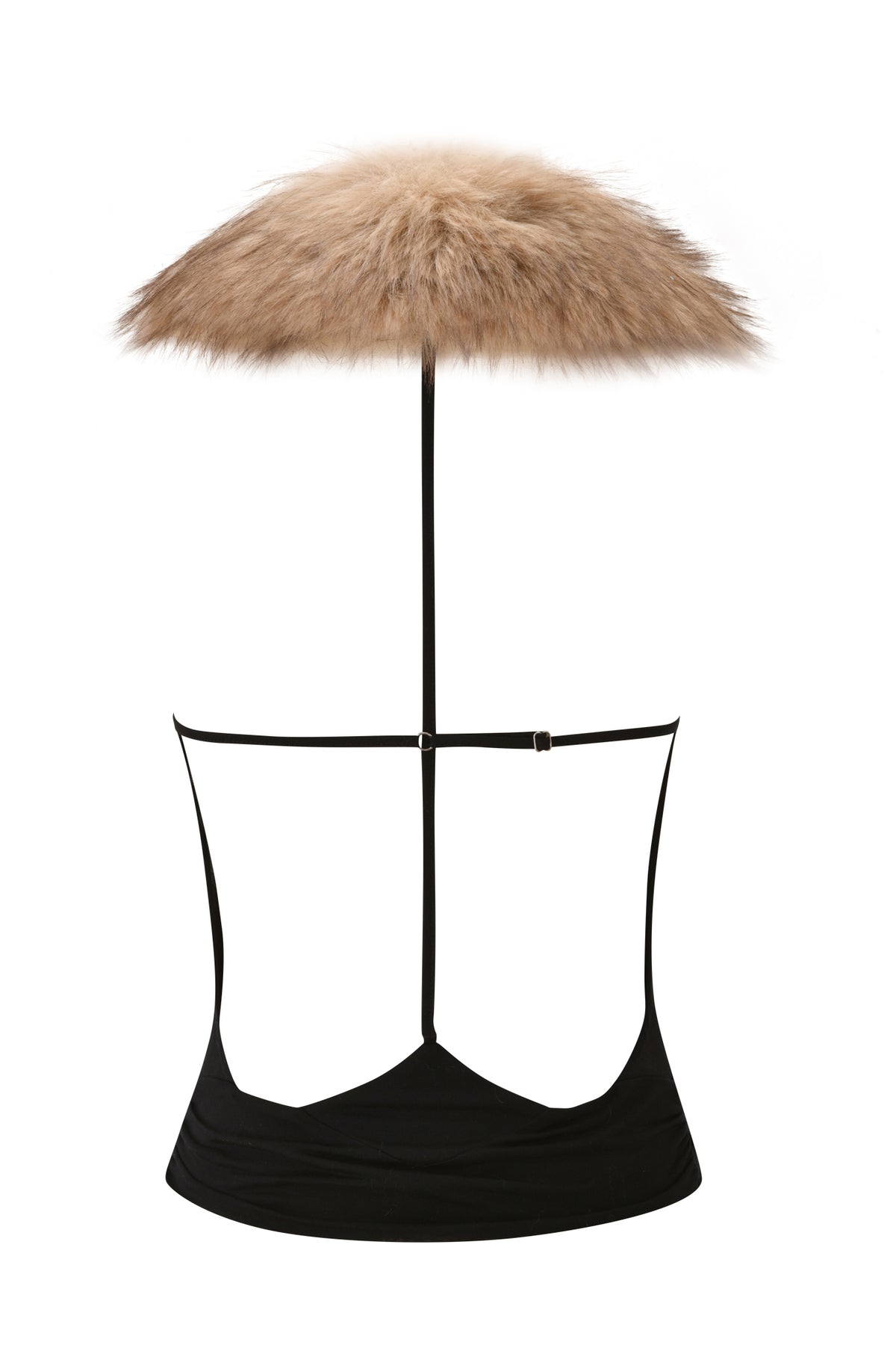 ANEESA COWL TOP - BLACK halter top featuring a draped cowl neckline framed by a fluffy, tan-colored faux fur collar and thin adjustable straps.