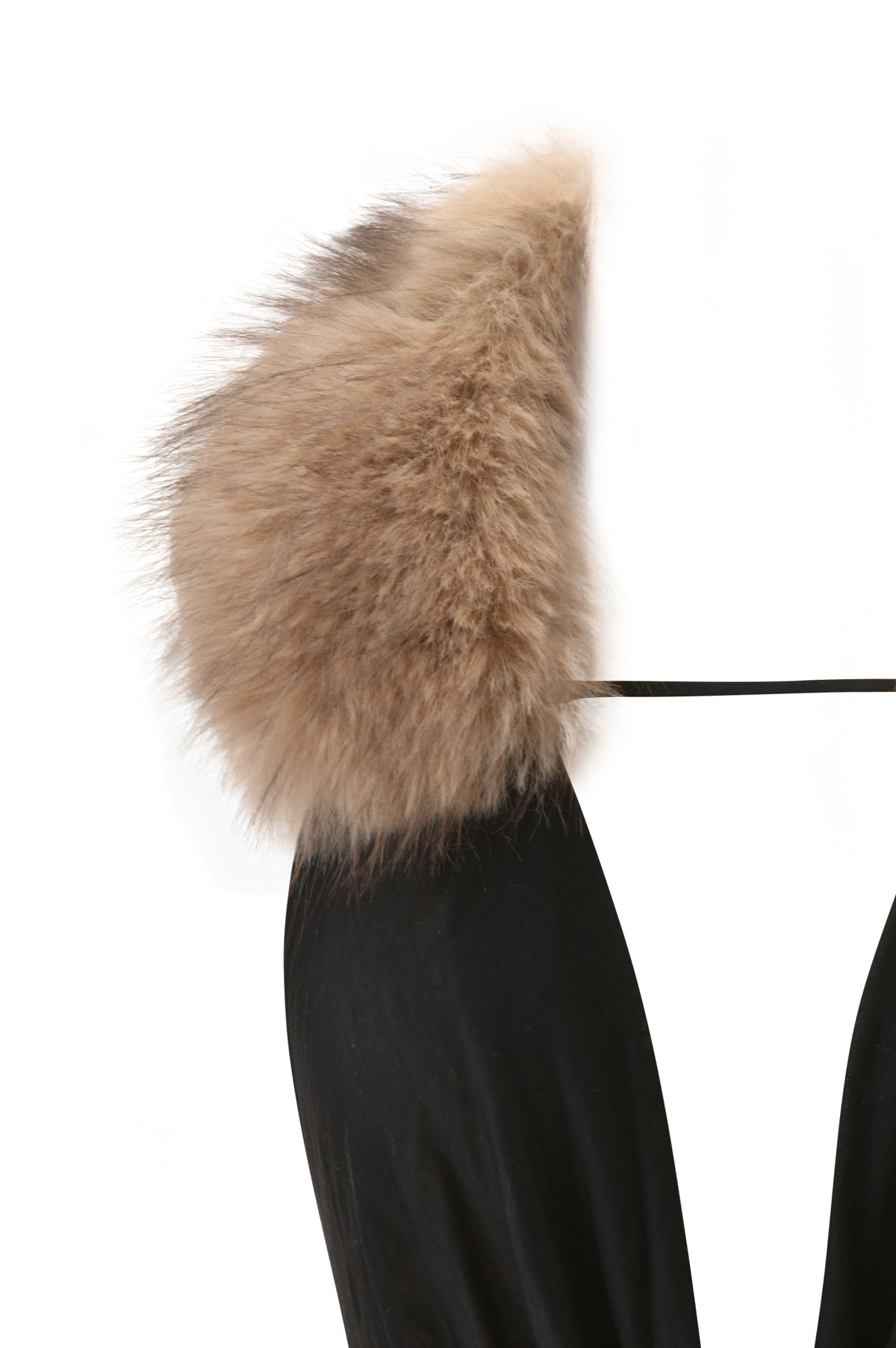 ANEESA COWL TOP - BLACK: a sleeveless black halter top featuring a tan faux fur collar and a draped cowl neckline.