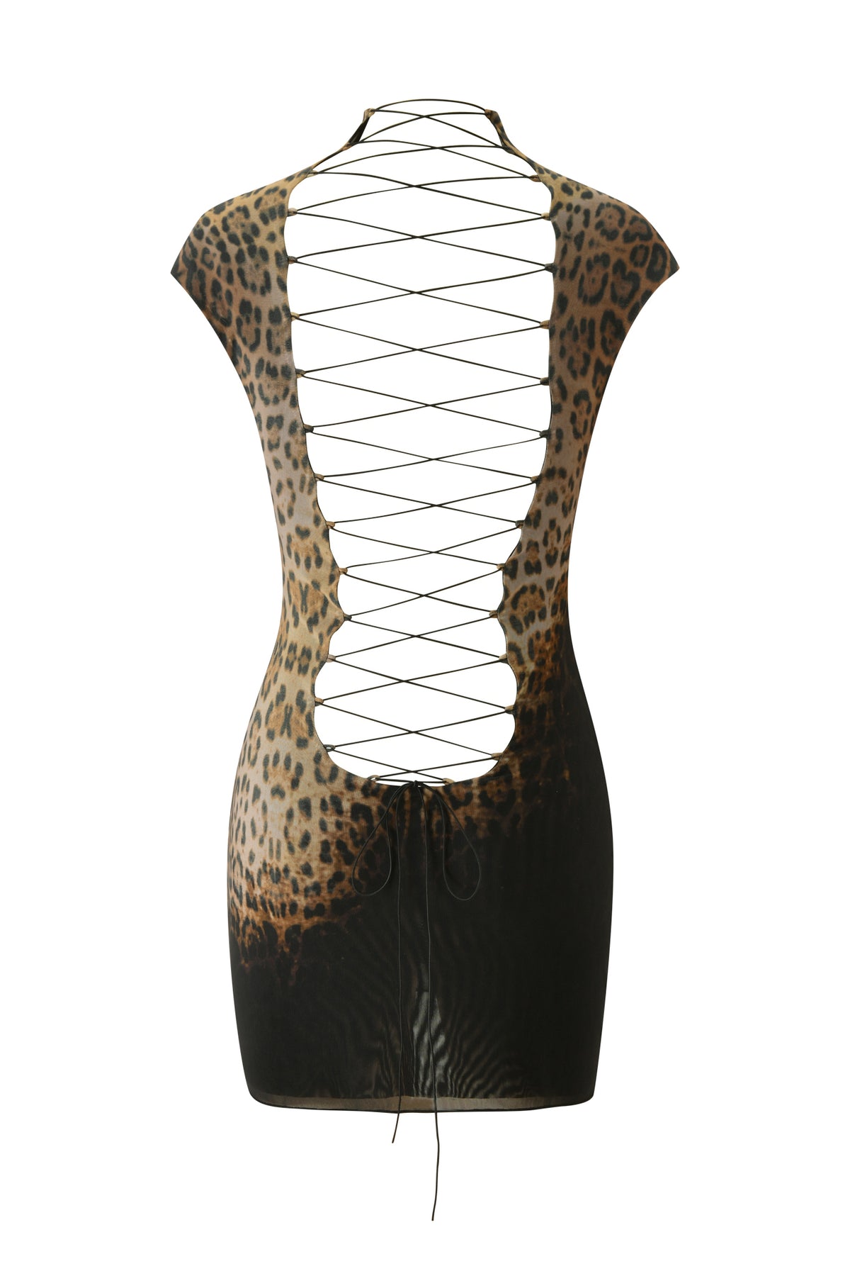 From the back, the I.AM.GIA ZOYA MINI DRESS in Black Leopard showcases a daring low open back with crisscross lace-up detailing extending from top to bottom. This short, cap-sleeve mini dress features a bold black leopard print and delivers a striking bodycon silhouette.
