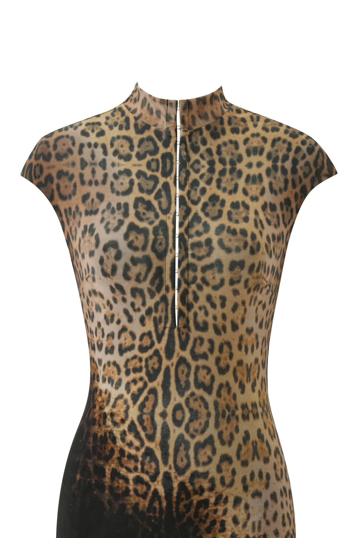 A close-up of the I.AM.GIA ZOYA MINI DRESS in Black Leopard, showcasing its bodycon fit with a high neckline, visible cap sleeves, and a vertical zipper detail down the front. The form-fitting fabric features an eye-catching black leopard print pattern.