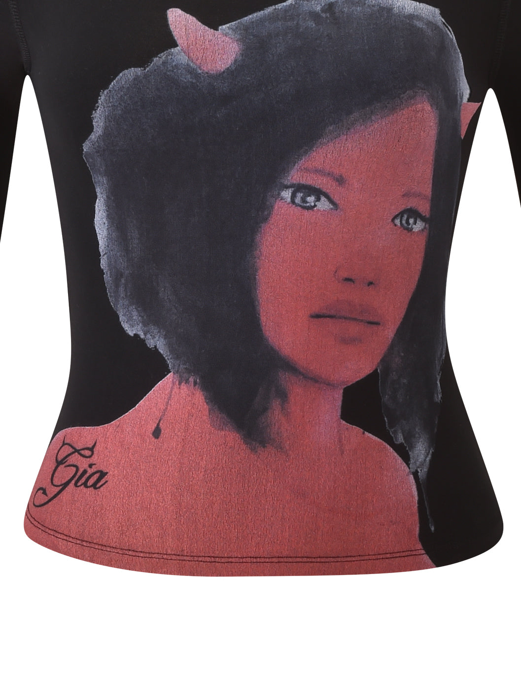 The T-REX BLARE 2.0 LONG SLEEVE TEE - BLACK by I.AM.GIA features a striking design with a stylized woman and red horns, plus “Gia” at the hem—perfect to elevate your statement look.