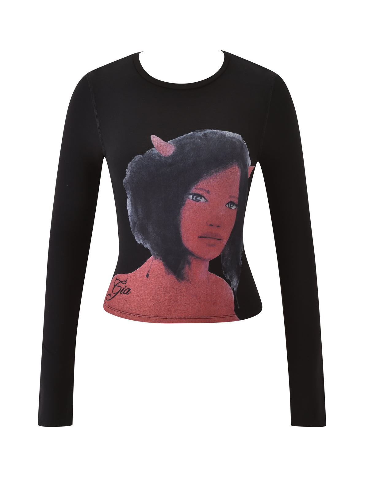 The I.AM.GIA T-REX BLARE 2.0 LONG SLEEVE TEE - BLACK is a sleek long sleeve crop top with a bold graphic, making it stand out against a plain white background.