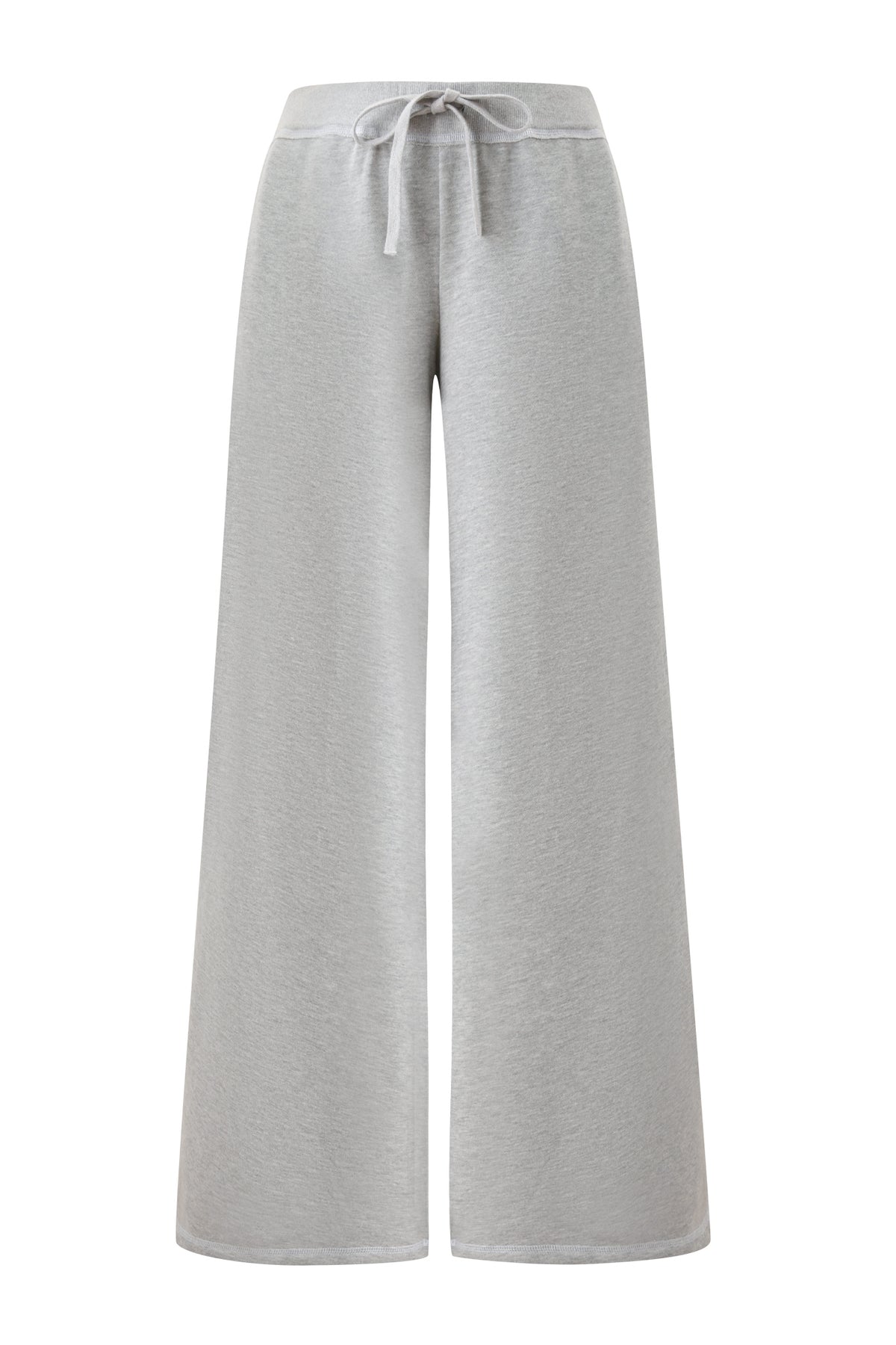 The KOKO TRACKPANT in Heather Grey by I.AM.GIA features a relaxed wide-leg silhouette crafted from soft French terry fabric, complete with a drawstring waistband, and is displayed against a white background.