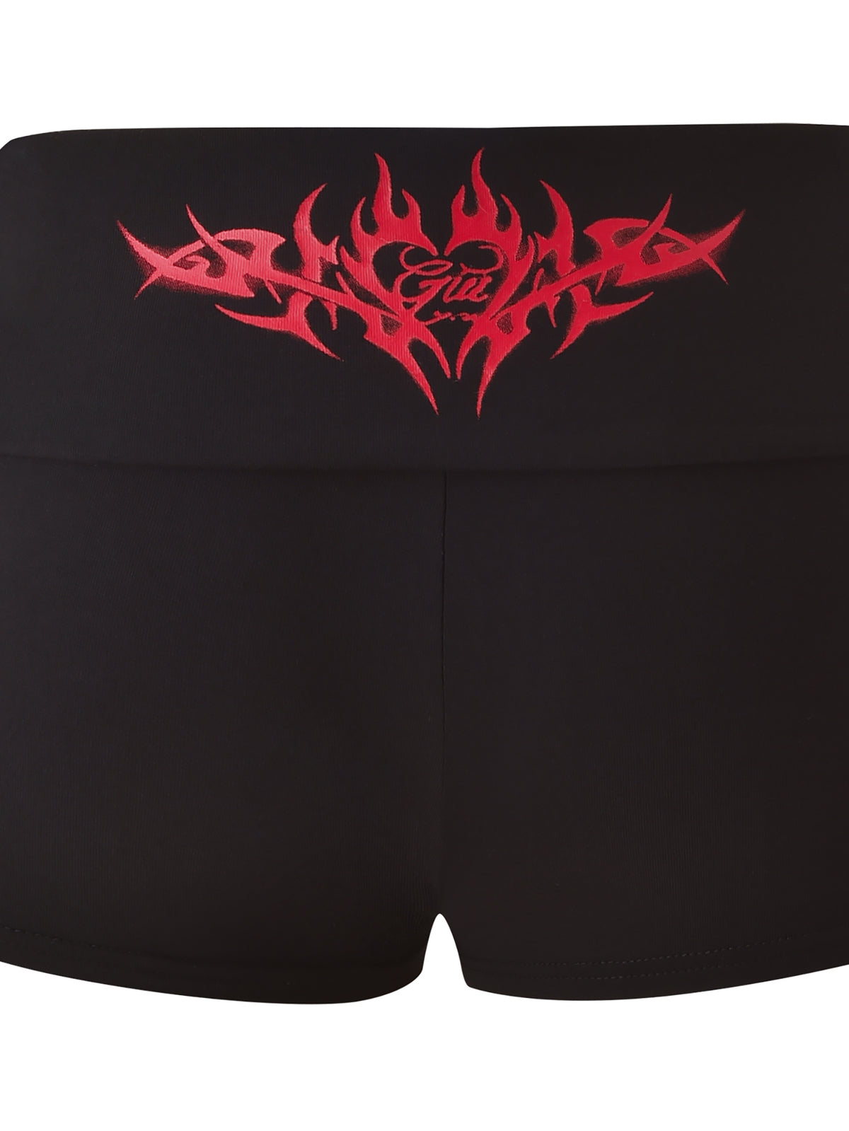 Black micro mini shorts with a red tribal flame and “Girl” on the foldover waistband. The photo shows the back of the I.AM.GIA T-REX BLARE 2.0 SHORT - BLACK on a white background.