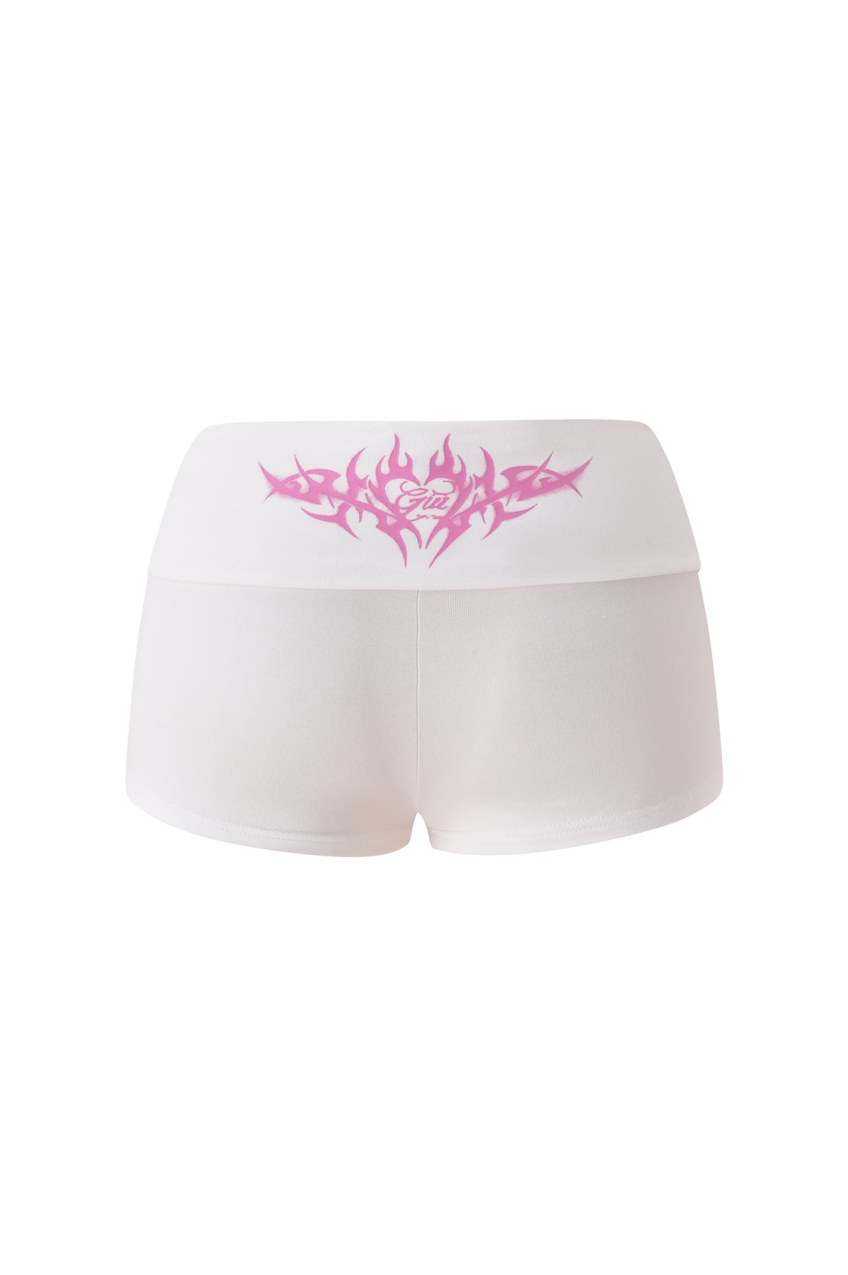 The T-REX BLARE 2.0 SHORT - WHITE by I.AM.GIA features a pink tribal graphic and “Girls” on the foldover waistband, shown from the back against a white background.