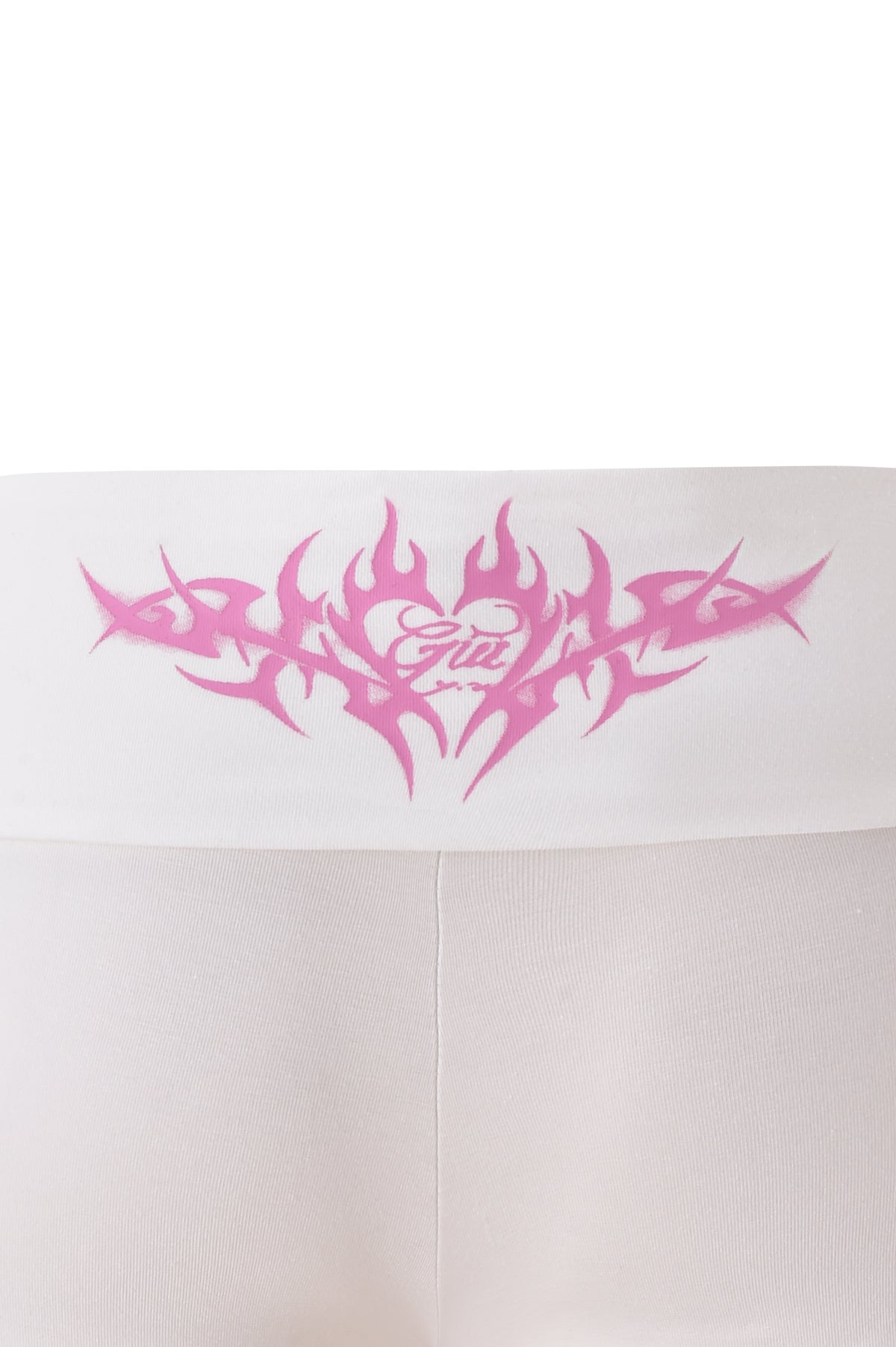 Close-up of the T-REX BLARE 2.0 SHORT - WHITE by I.AM.GIA, featuring a foldover waistband with a pink tribal flame design and “Girl” placement print at the center.