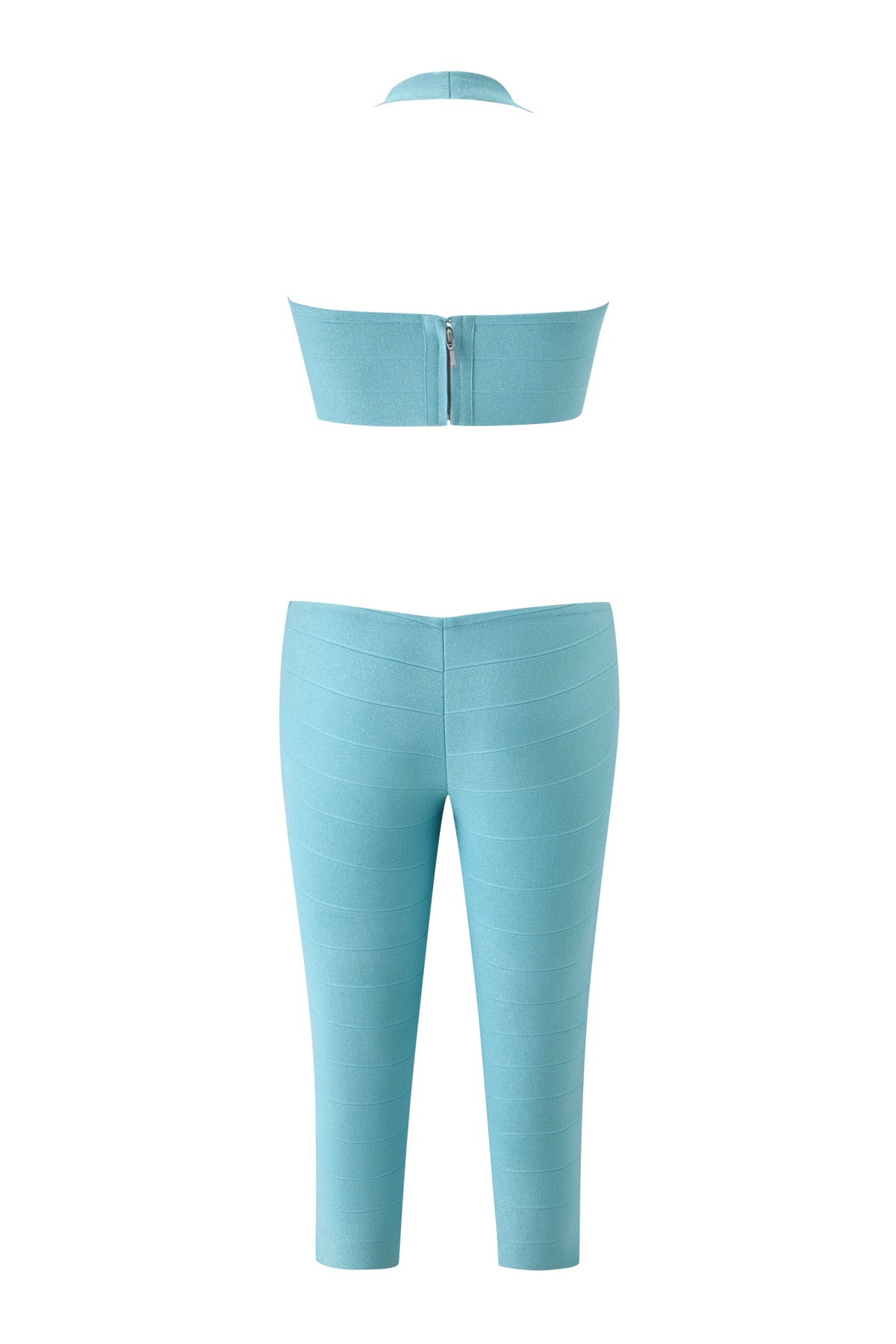 Metallic blue EVA SHIMMER BANDAGE CAPRI JUMPSUIT featuring a strapless bandage design, a front zipper, and capri-length legs.