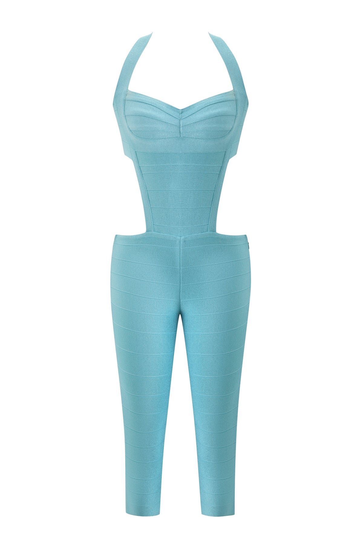 Metallic light blue EVA SHIMMER BANDAGE CAPRI JUMPSUIT with a halter-neck, bandage-style construction, and waist cutouts in a cropped length.