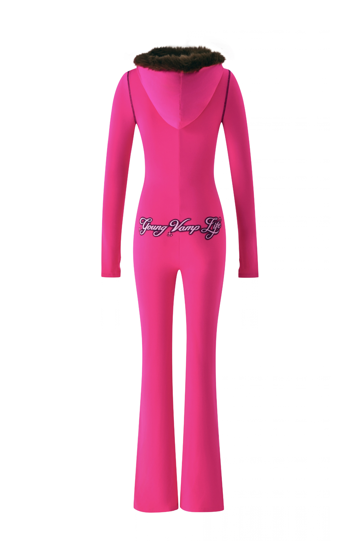 Back view of a hot pink, long-sleeved YVL BLARE FUR LINED JUMPSUIT with a faux fur-trimmed hood and the text “Young Vamp Life” across the lower back.