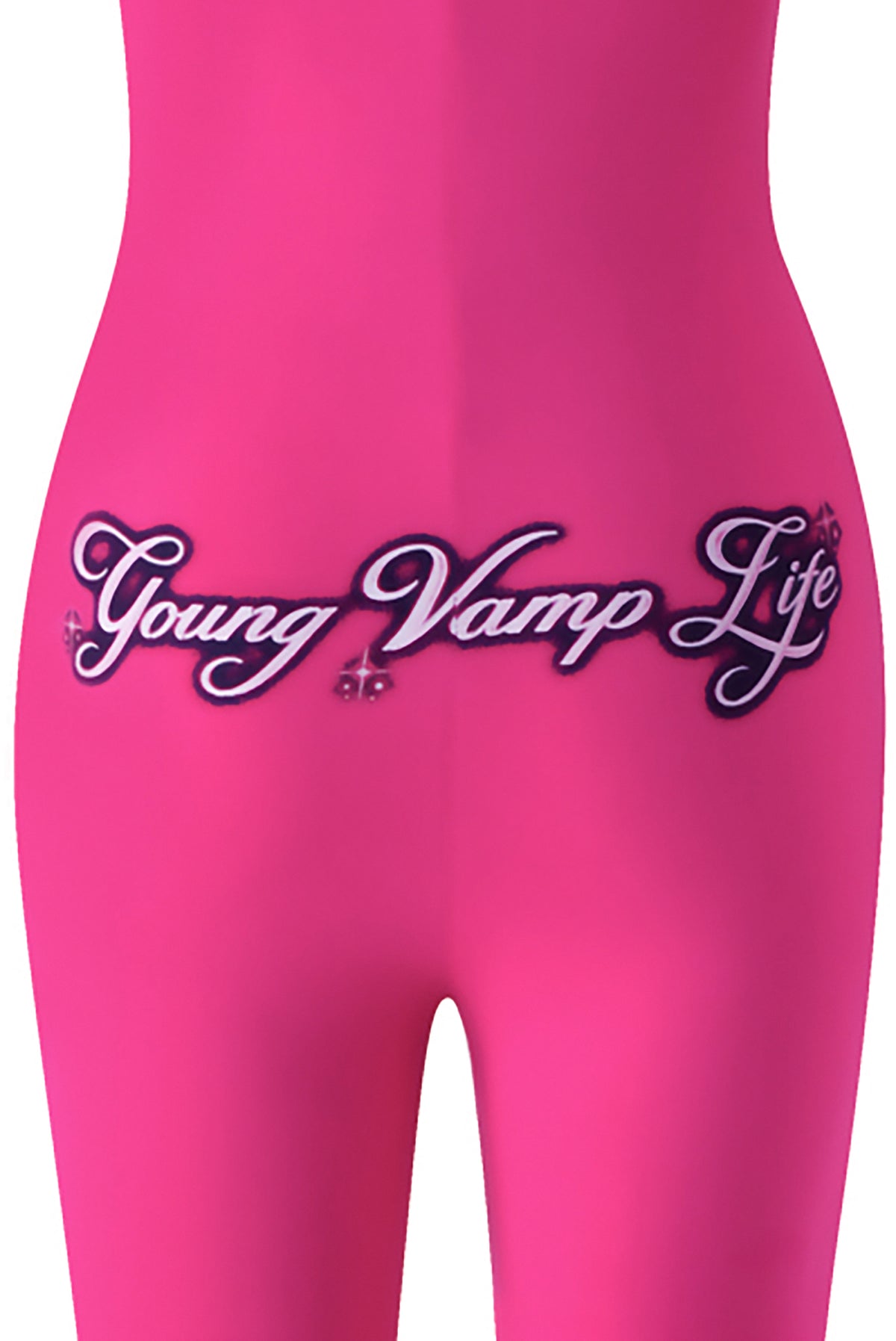 I.AM.GIA YVL BLARE FUR LINED JUMPSUIT in bright pink with a flare leg and “Young Vamp Life” written in dark, stylized script across the hips.