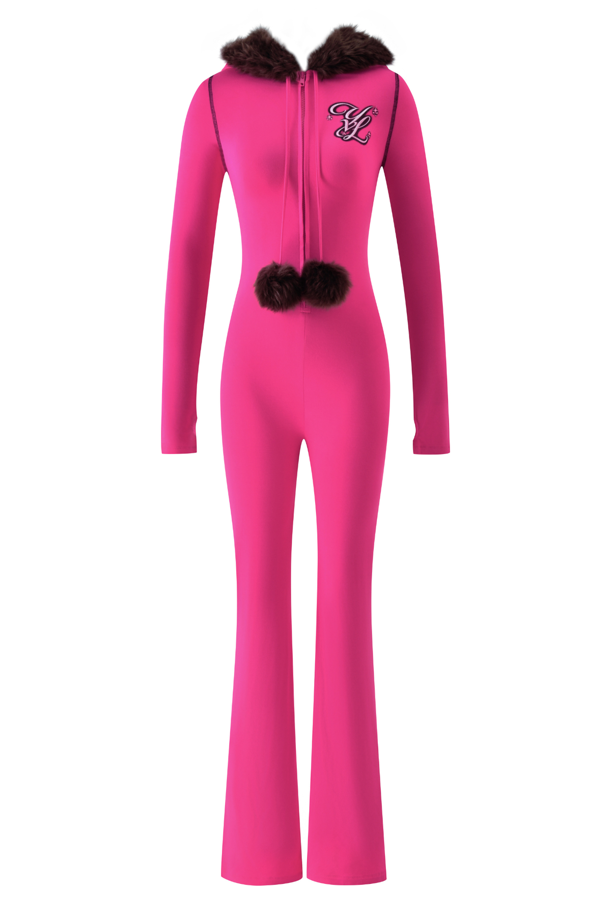 Bright pink I.AM.GIA YVL BLARE FUR LINED JUMPSUIT - PINK with a flare leg, featuring a brown faux fur hood trim, brown fur pom-poms at the neckline, and a decorative logo on the chest.