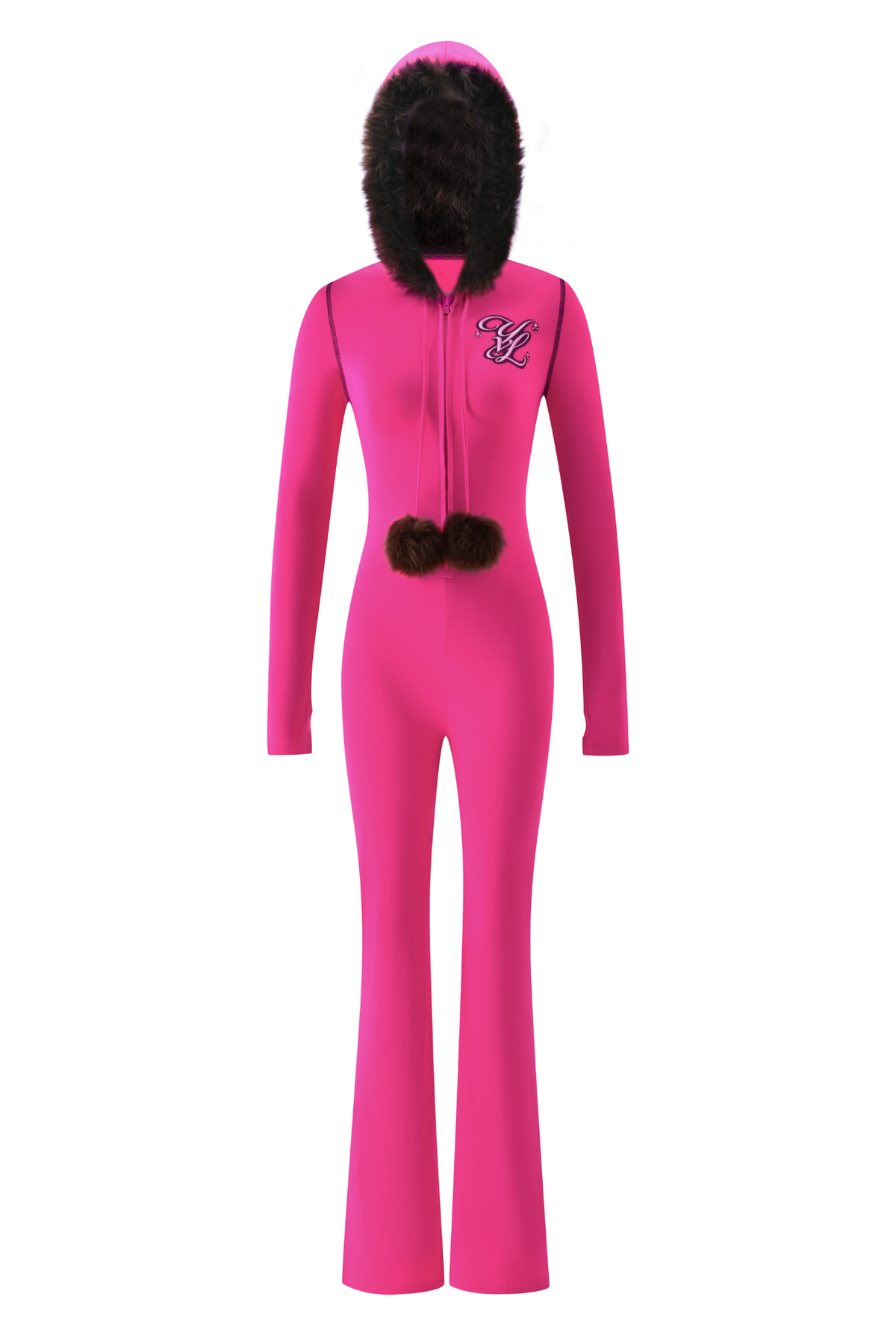 Bright pink I.AM.GIA YVL BLARE FUR LINED JUMPSUIT with a faux fur hood, long sleeves, flared legs, and two fur pom-poms hanging from the front zipper.