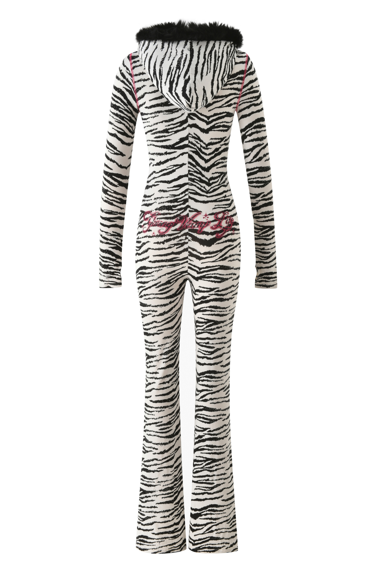 Back view of the YVL BLARE FUR LINED JUMPSUIT - ZEBRA, featuring a hooded collar with black faux fur trim and red script text across the lower back.