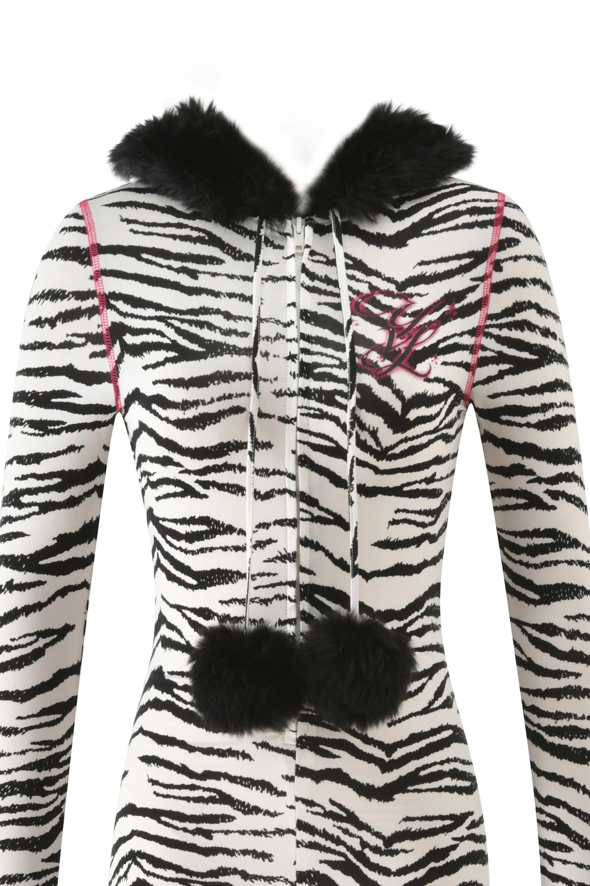 I.AM.GIA YVL BLARE FUR LINED JUMPSUIT - ZEBRA featuring a black faux fur hood trim and pom-pom drawstring ties.