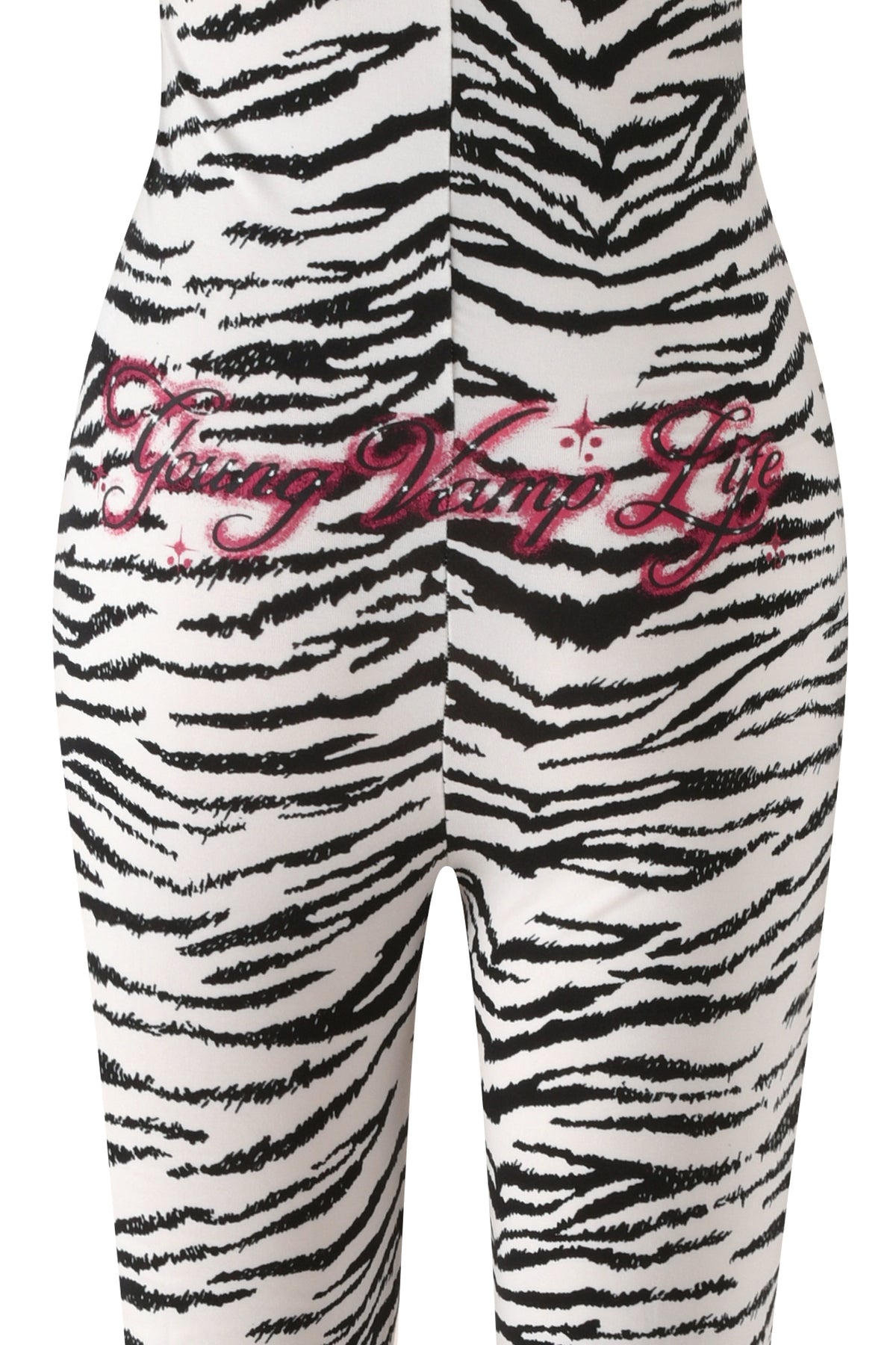 Close-up of the back of a YVL BLARE FUR LINED JUMPSUIT - ZEBRA, featuring the text “Young Vamp Life” in cursive pink glitter across the seat.