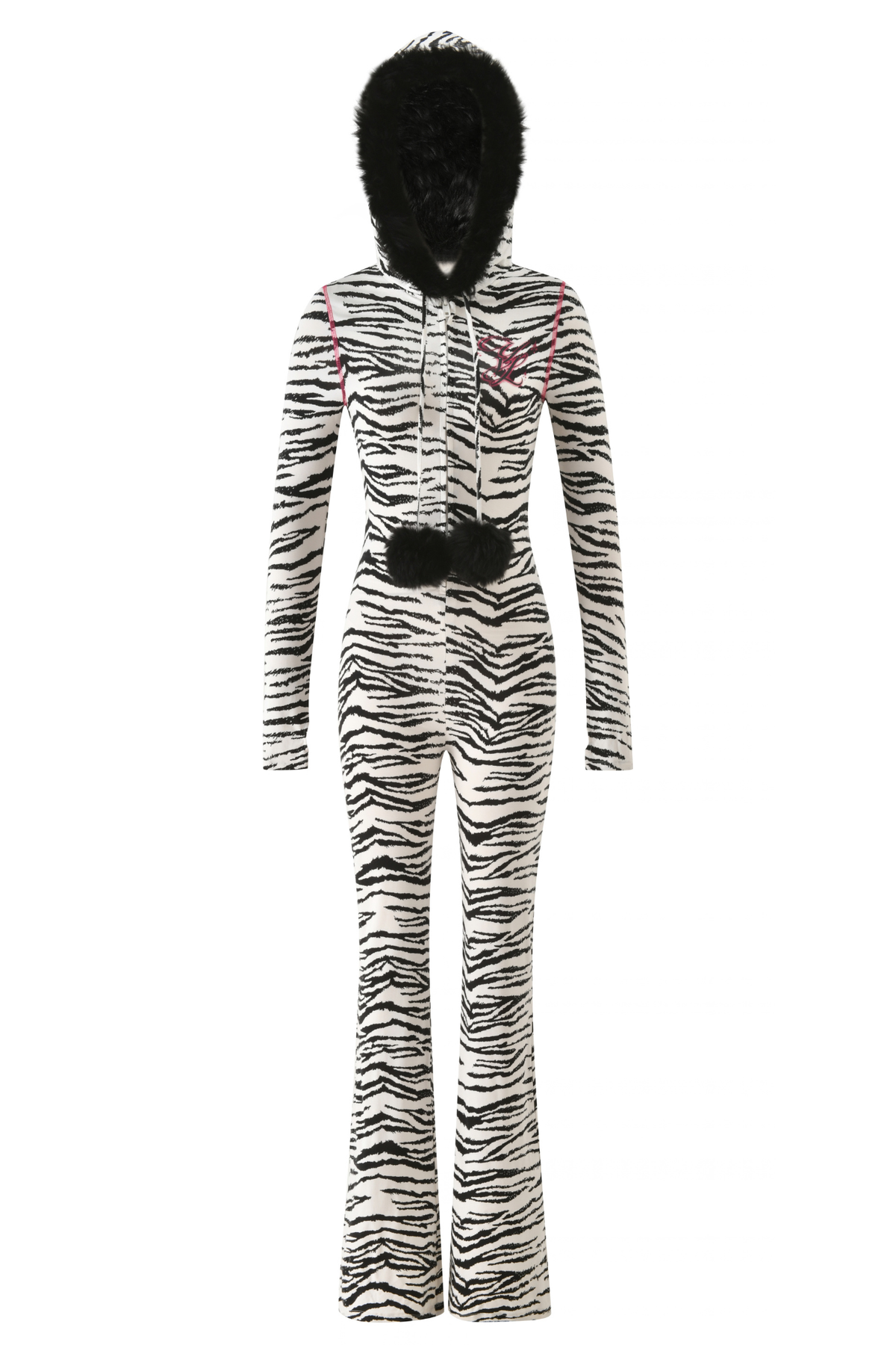 YVL BLARE FUR LINED JUMPSUIT - ZEBRA with a hooded, black faux-fur trim and two black pom-poms on the front.