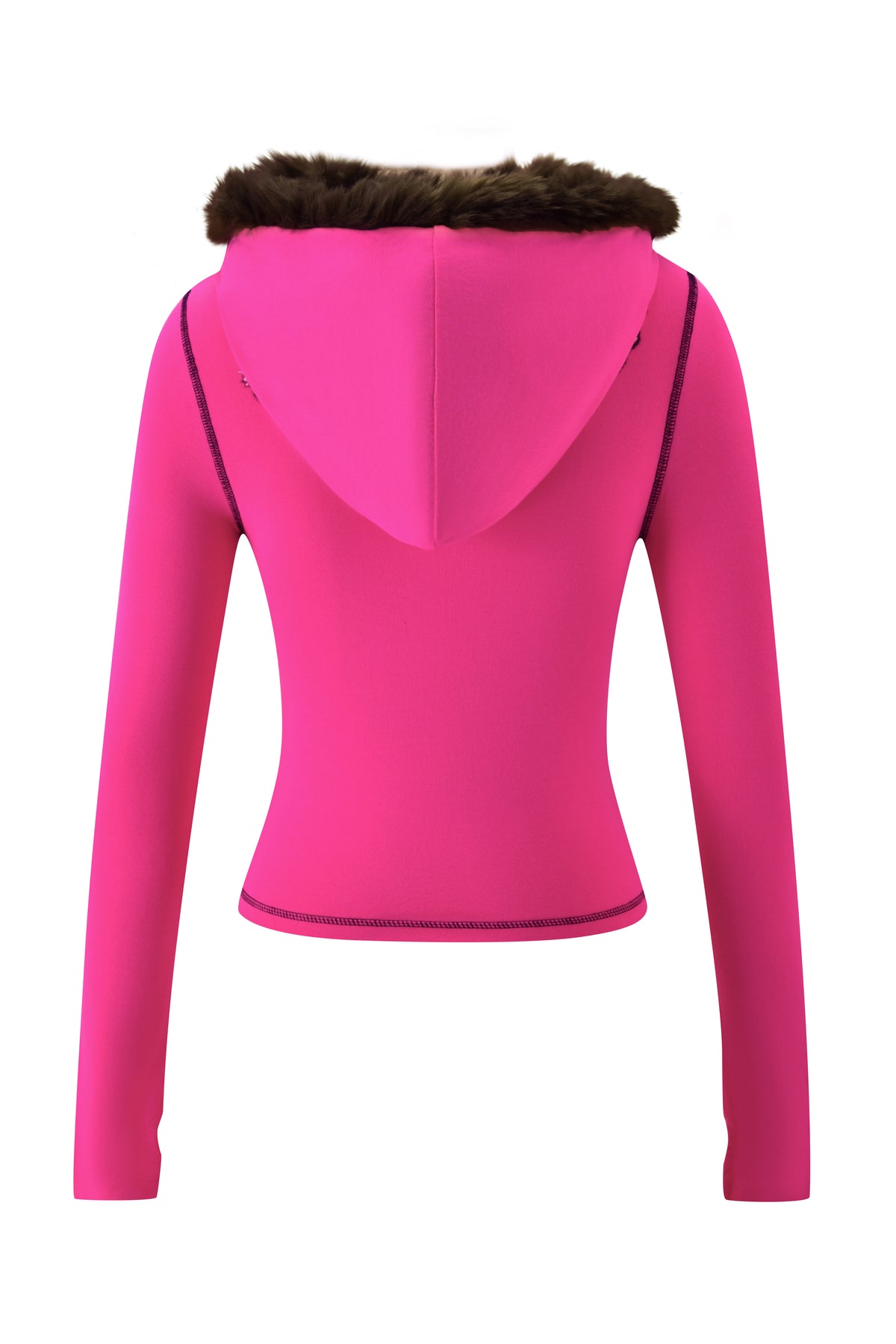 Back view of a hot pink YVL BLARE FUR LINED HOODIE with long sleeves, a cropped fit, brown faux-fur trimmed hood, and dark exposed seam detailing.