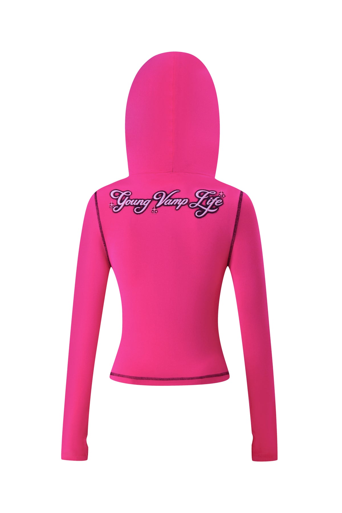 Back view of the hot pink YVL BLARE FUR LINED HOODIE, featuring the text “Young Vamp Life” in script across the upper back.