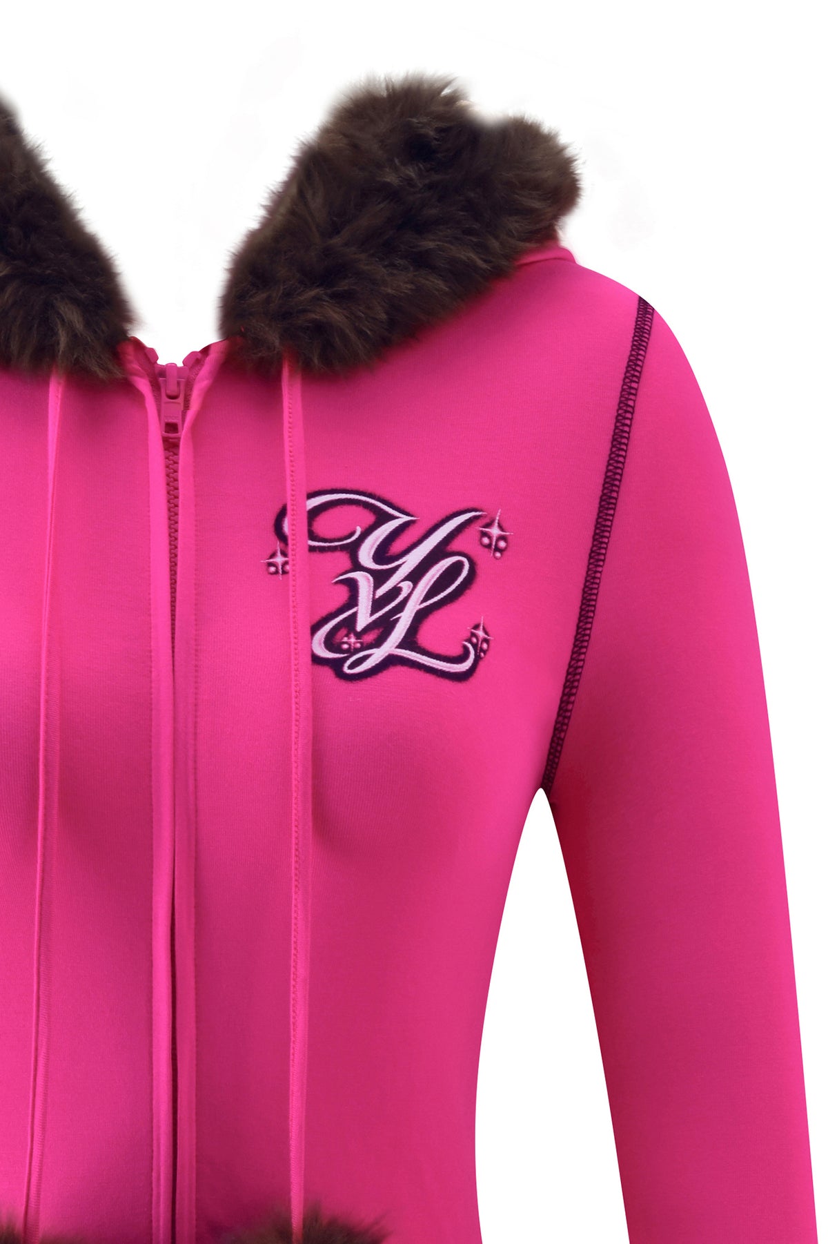Bright pink I.AM.GIA YVL BLARE FUR LINED HOODIE - PINK featuring a brown faux fur-lined hood and an embroidered YVL logo on the chest.