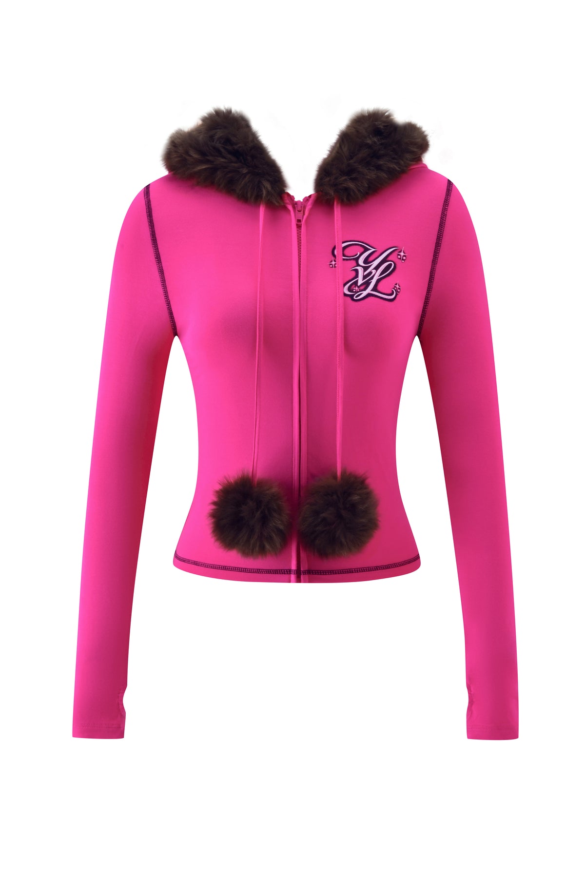 Bright pink I.AM.GIA YVL BLARE FUR LINED HOODIE - PINK featuring a dark brown faux fur hood trim, two dark brown fur pom-poms on the drawstring ends, and an embroidered Young Vamp Life logo on the chest.