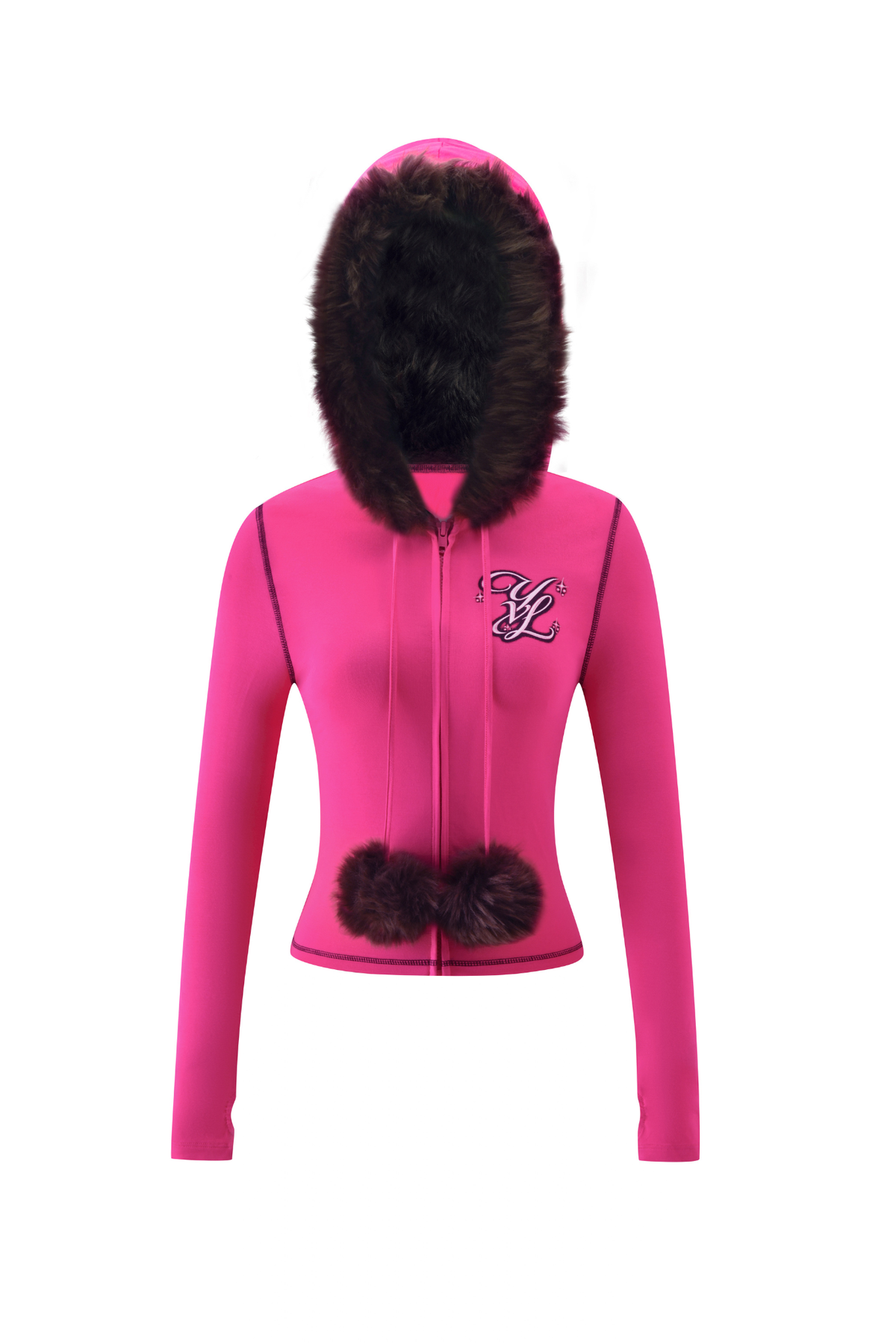 Bright pink I.AM.GIA YVL BLARE FUR LINED HOODIE zip-up featuring a dark brown faux fur hood lining, two faux fur pom-poms at the hem, and a YVL logo embroidered on the chest.