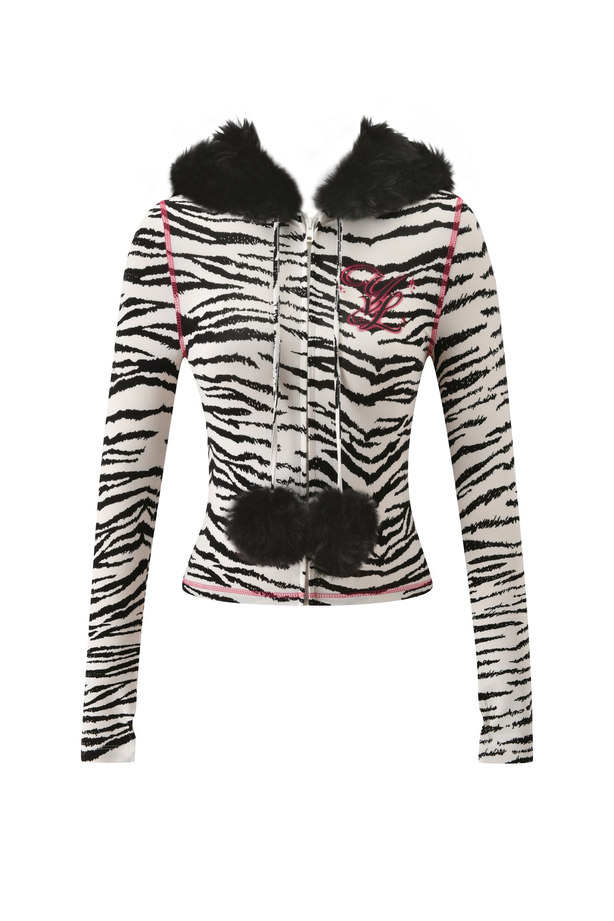 I.AM.GIA YVL BLARE FUR LINED HOODIE - ZEBRA zip-up hoodie featuring a black faux-fur trimmed hood, pink contrast stitching, and two black fur pom-poms on the drawstring.