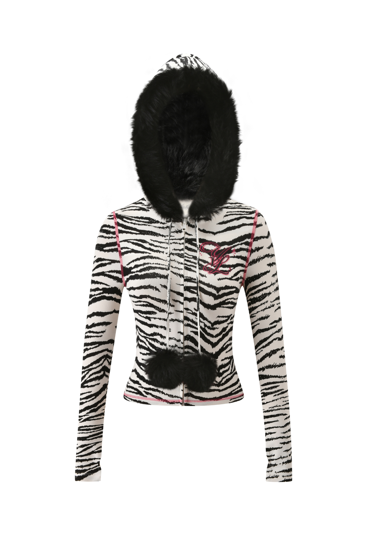 I.AM.GIA YVL BLARE FUR LINED HOODIE - ZEBRA featuring a black faux fur-lined hood, pink contrast stitching, and two black pom-poms hanging from the neckline.