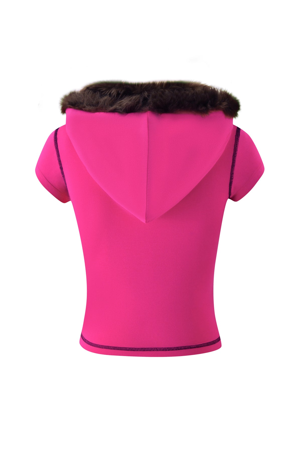 Back view of a pink YVL BLARE FUR LINED CAP SLEEVE HOODIE with a brown faux-fur trimmed hood.