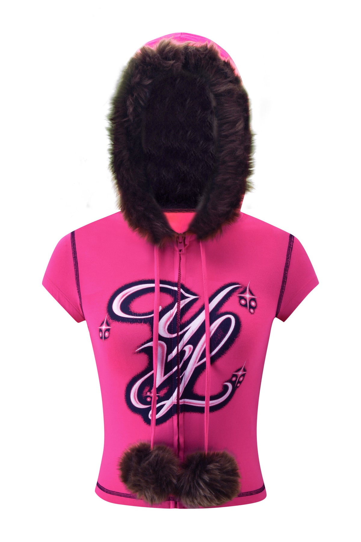I.AM.GIA YVL BLARE FUR LINED CAP SLEEVE HOODIE - PINK with a zip-up front, cap sleeves, a dark faux fur-lined hood, two dark faux fur pom-poms at the hem, and a stylized “YVL” graphic on the chest.