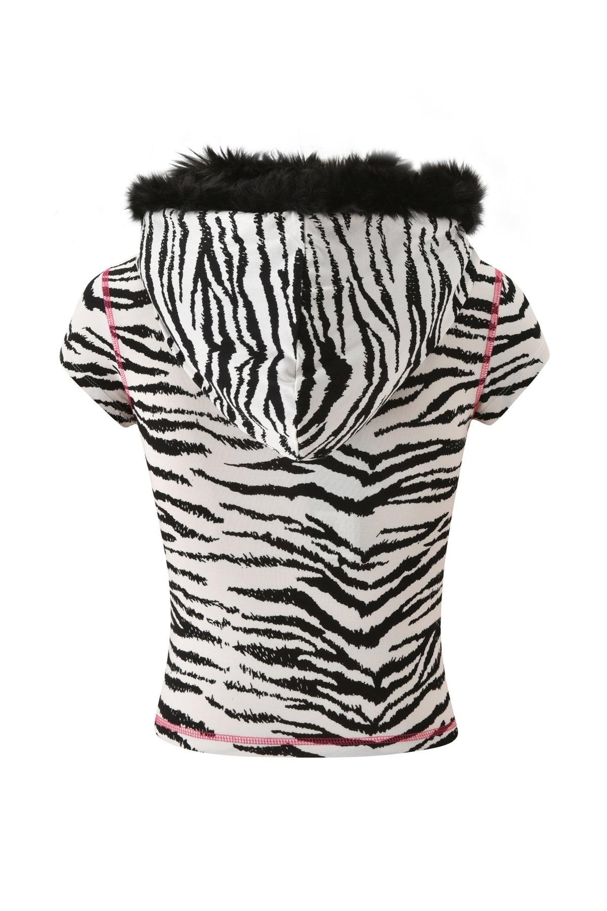 YVL BLARE FUR LINED CAP SLEEVE HOODIE - ZEBRA with bamboo fabric, cap sleeves, a black faux fur-lined hood, and pink exposed stitching.