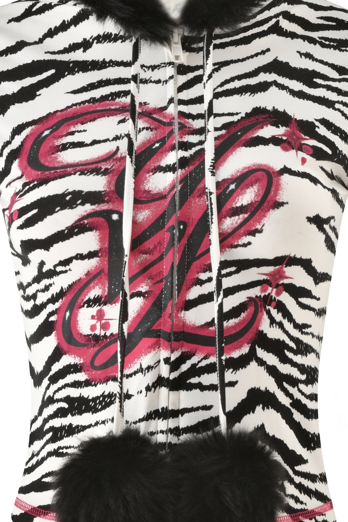 YVL BLARE FUR LINED CAP SLEEVE HOODIE - ZEBRA in zebra-print bamboo with a black faux-fur collar and hem, featuring a large pink stylized graphic on the front.