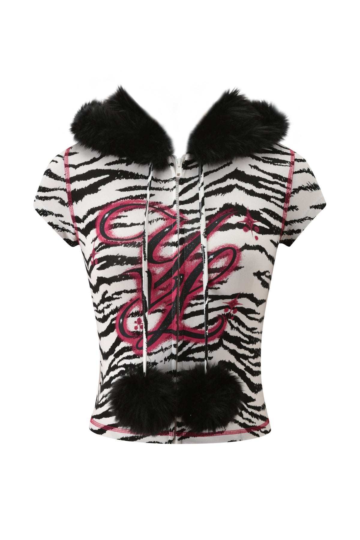 YVL BLARE FUR LINED CAP SLEEVE HOODIE - ZEBRA, a zebra-print bamboo hoodie with cap sleeves, zip-up front, black faux fur hood trim, matching pom-poms on the drawstring, and a stylized pink graphic.