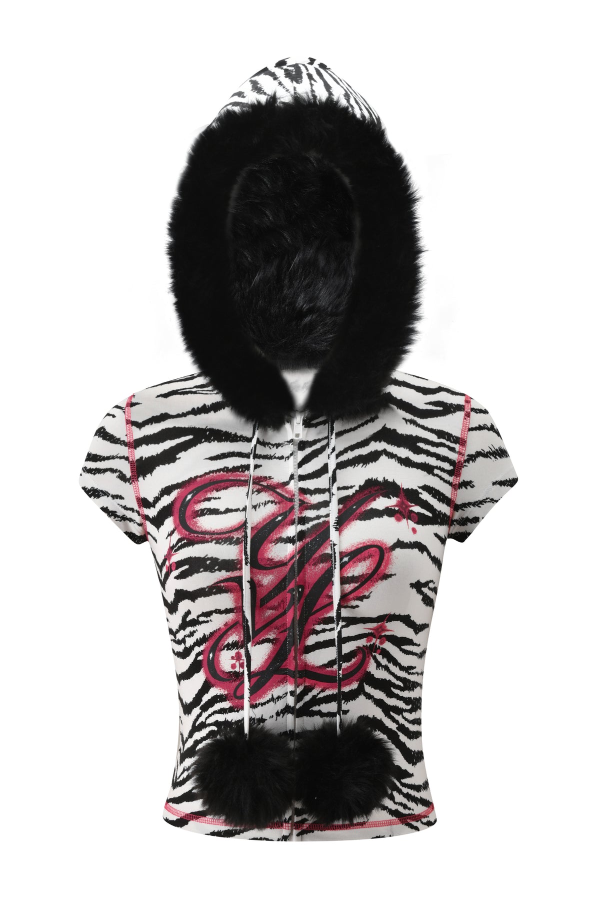 I.AM.GIA YVL BLARE FUR LINED CAP SLEEVE HOODIE - ZEBRA featuring cap sleeves, a black faux-fur lined hood, a pink graphic logo on the chest, and two black faux-fur pom-poms at the zip hem.