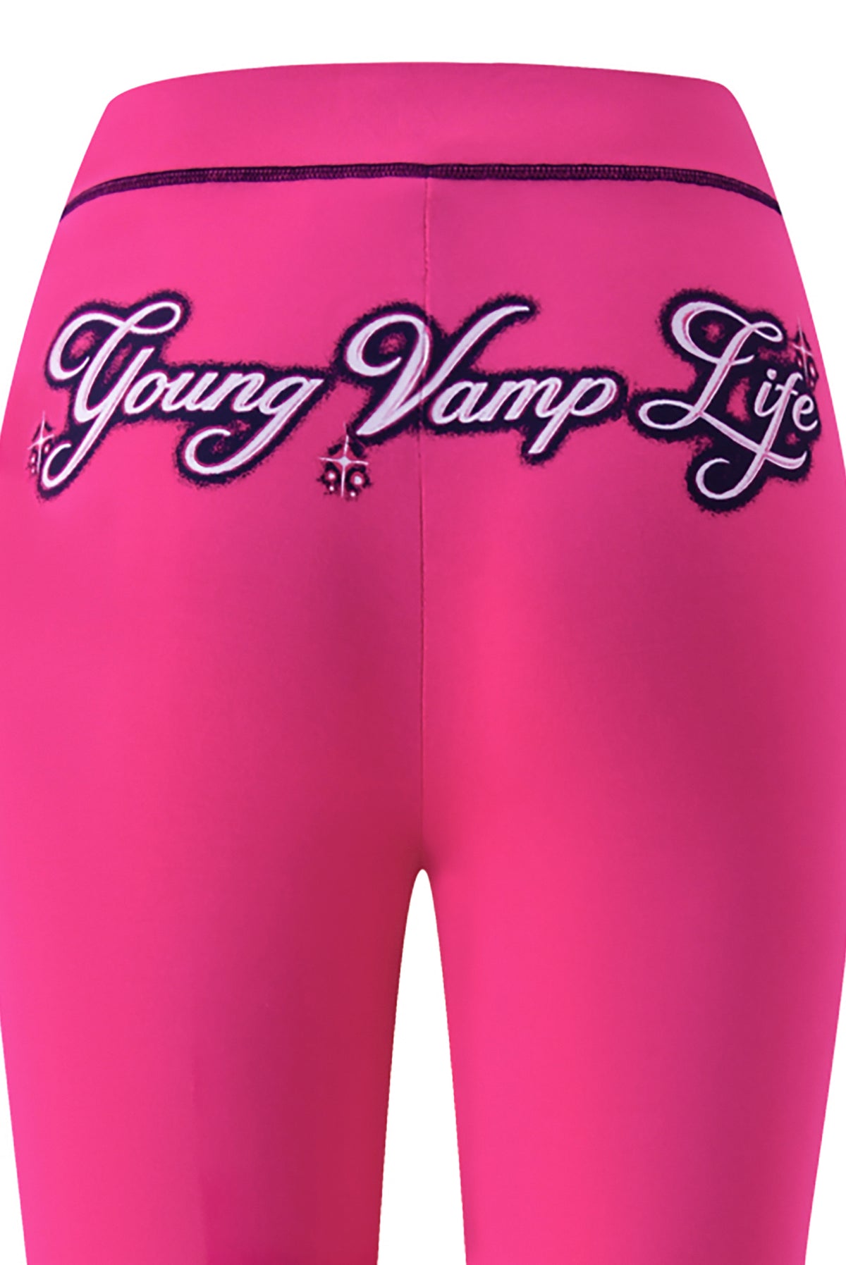 Hot pink I.AM.GIA YVL BLARE CAPRI - PINK pants with the text “Young Vamp Life” in stylized black-and-white lettering across the back.