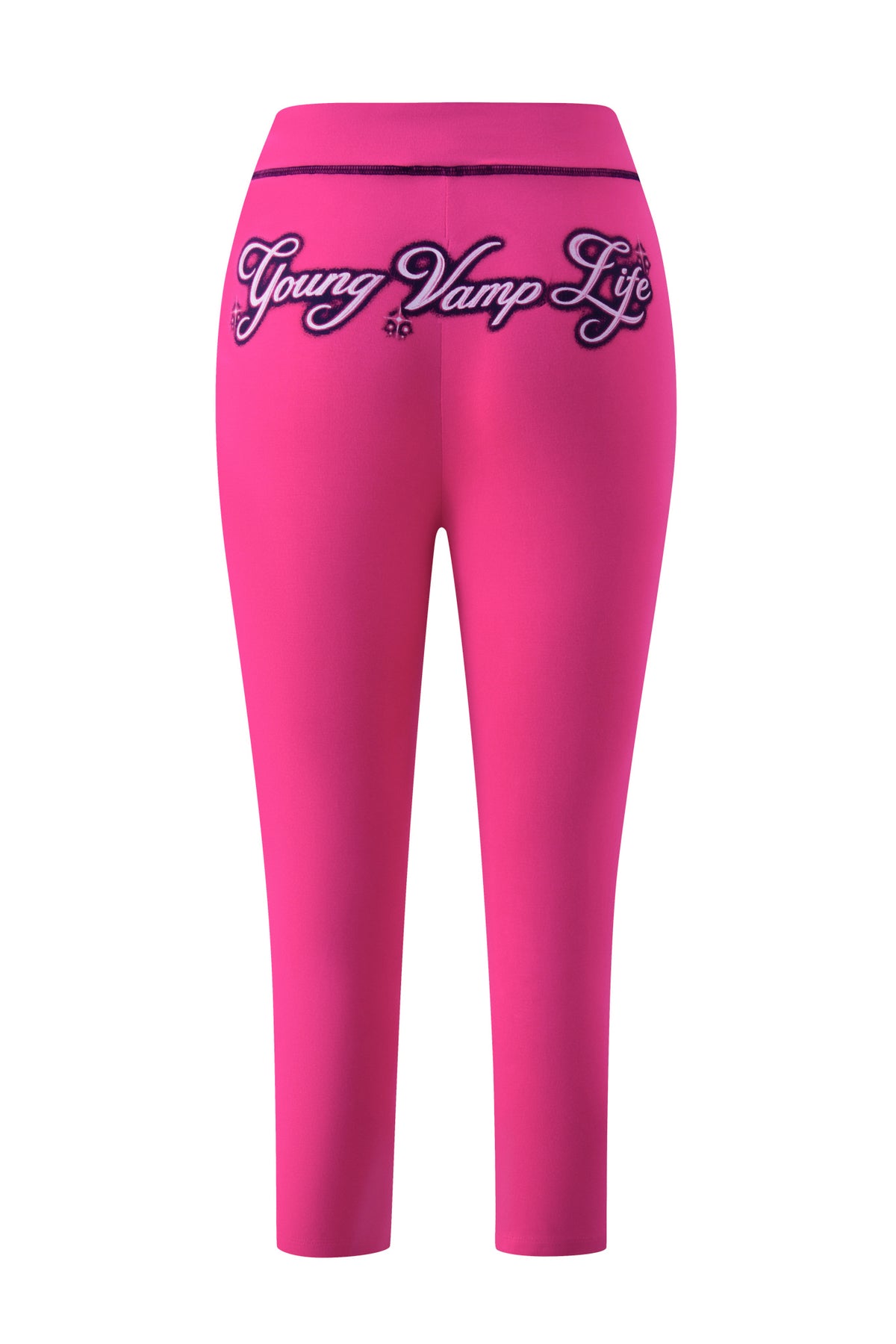 Bright pink YVL BLARE CAPRI - PINK leggings with “Young Vamp Life” embroidered in dark purple script across the back waistband.