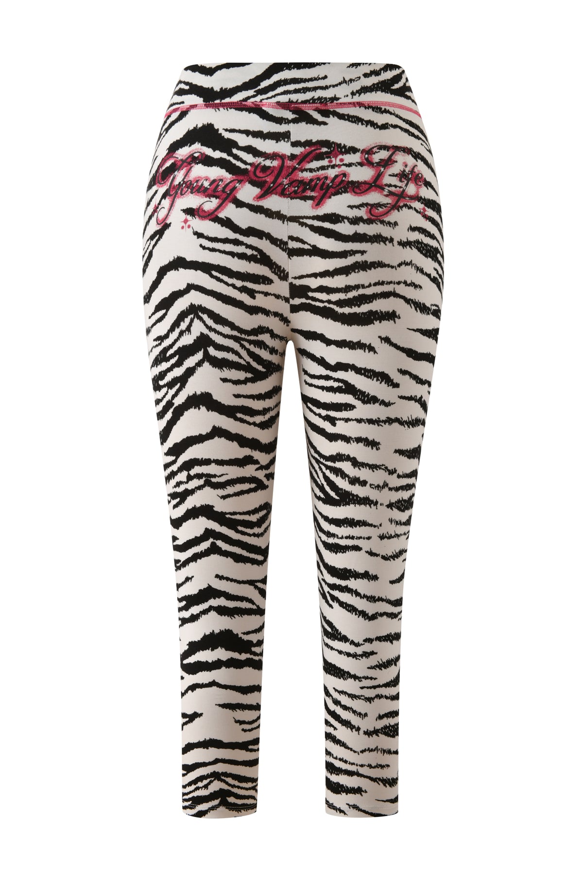 I.AM.GIA YVL BLARE CAPRI - ZEBRA leggings in a black and white zebra print with pink embroidered text on the back.