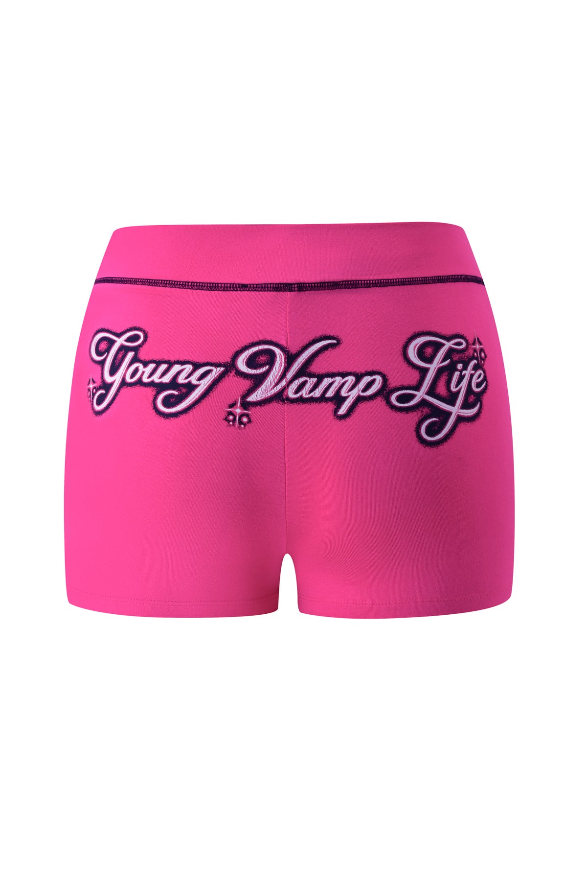 Bright pink I.AM.GIA YVL BLARE SHORT - PINK bamboo shorts featuring “Young Vamp Life” in dark, decorative cursive embroidery on the back.