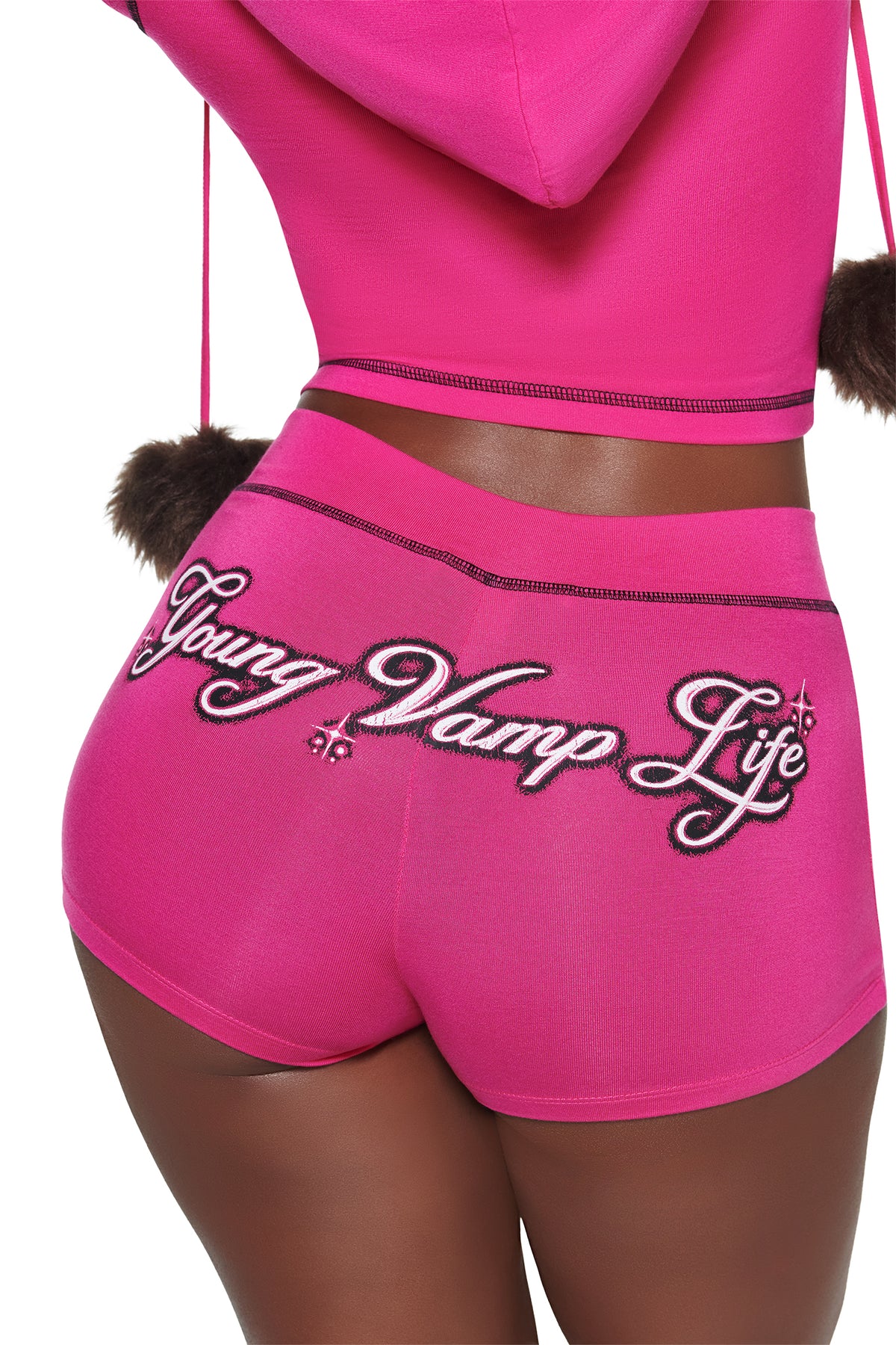 Hot pink I.AM.GIA YVL BLARE SHORT - PINK bamboo shorts with “Young Vamp Life” embroidered in cursive across the back.