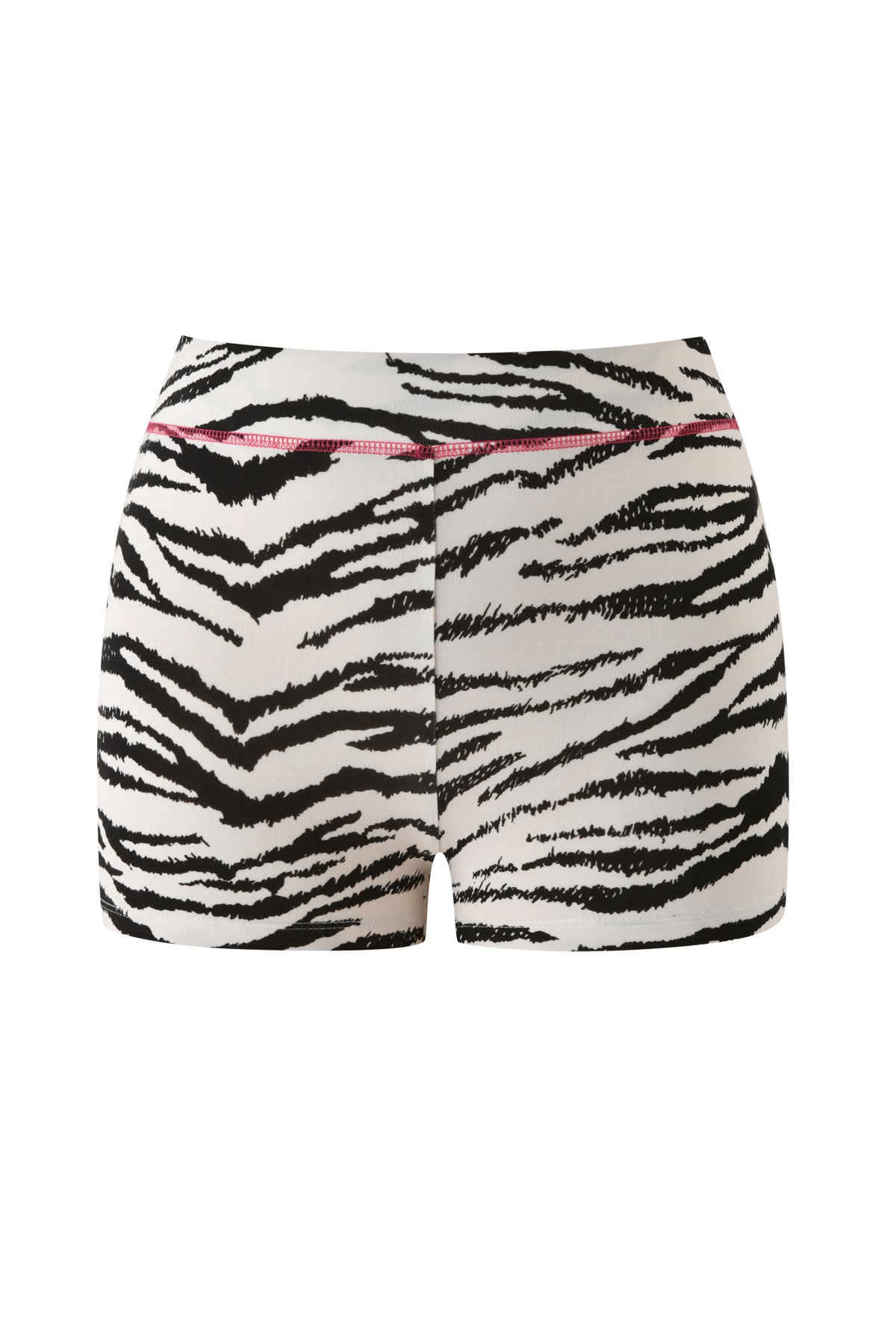 YVL BLARE SHORT - ZEBRA high-waisted mini shorts in a black and white zebra print with a pink horizontal seam detail at the waist.