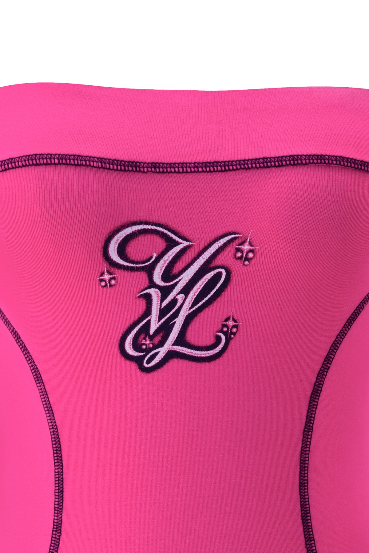 Bright hot pink I.AM.GIA YVL BLARE TUBE MINI DRESS - PINK featuring exposed dark stitching and a decorative embroidered “YL” logo with small star accents.